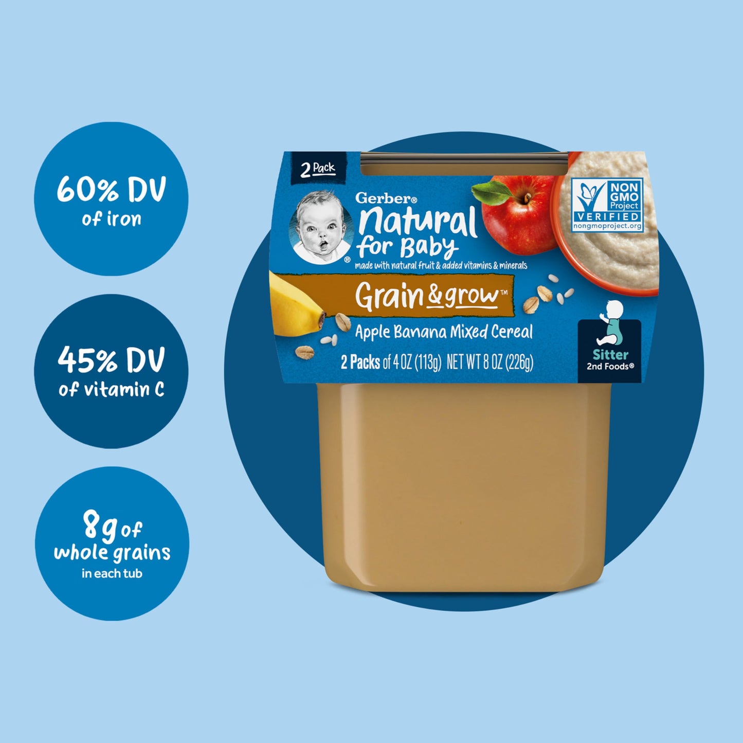 Gerber Baby Food 2nd Foods, Mixed Cereal, Pears & Cinnamon with Oatmeal Puree, 4 Ounce Tubs, 2-Pack (Pack of 8)