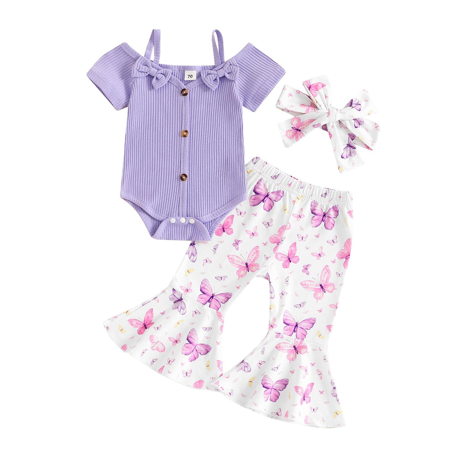 Fernvia Infant Baby Girl Clothes Suspenders Short Sleeve Ribbed Romper Flared Pants Set Headband 3pcs Summer Outfit