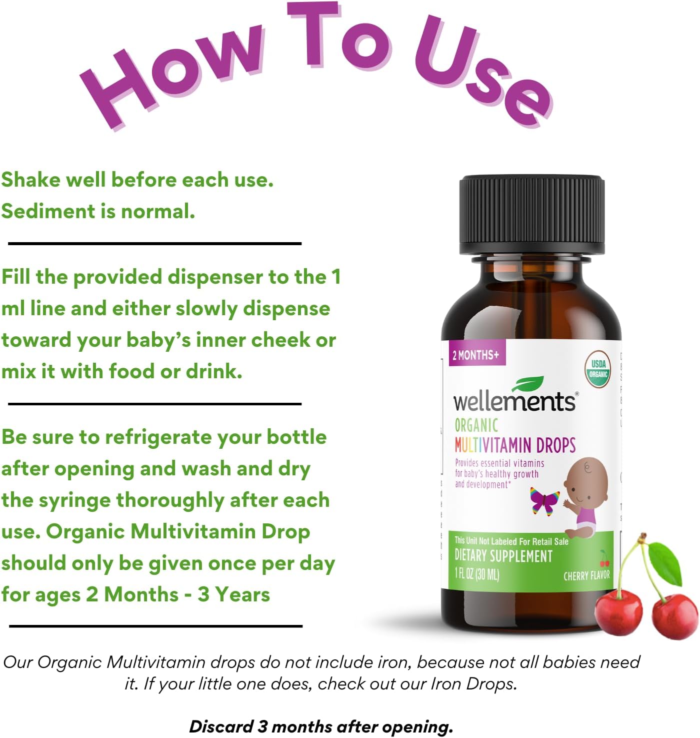 Wellements Organic Baby Multivitamin Drops (1 Fl Oz) - Cherry Flavor Liquid Multivitamins for Infants & Toddlers (2 Months+) - Toddler Vitamins for Immune Support*, Healthy Growth & Bone Development*