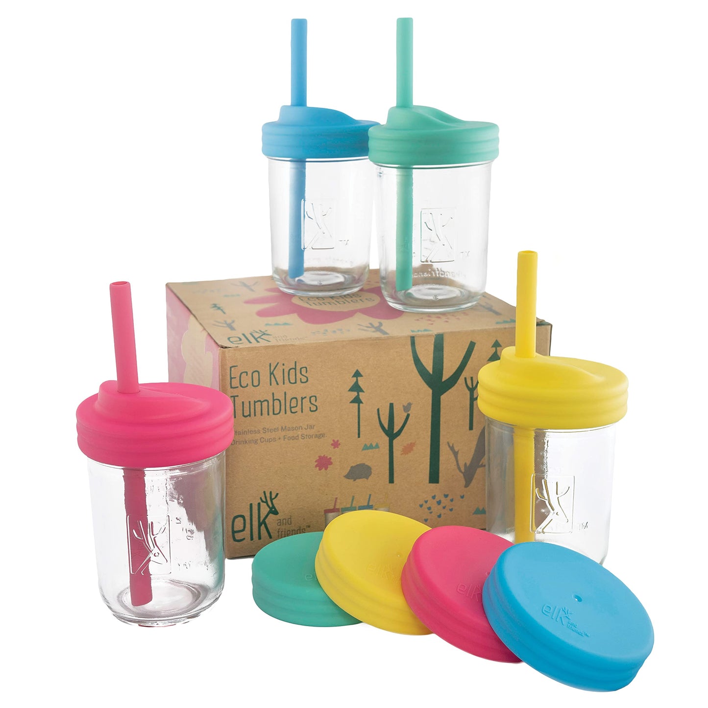 Elk and Friends Kids & Toddler Cups | The Original Glass Mason jars 8 oz with Silicone Sleeves & Silicone Straws with Stoppers | Smoothie Cups | Spill Proof Sippy Cups for Toddlers