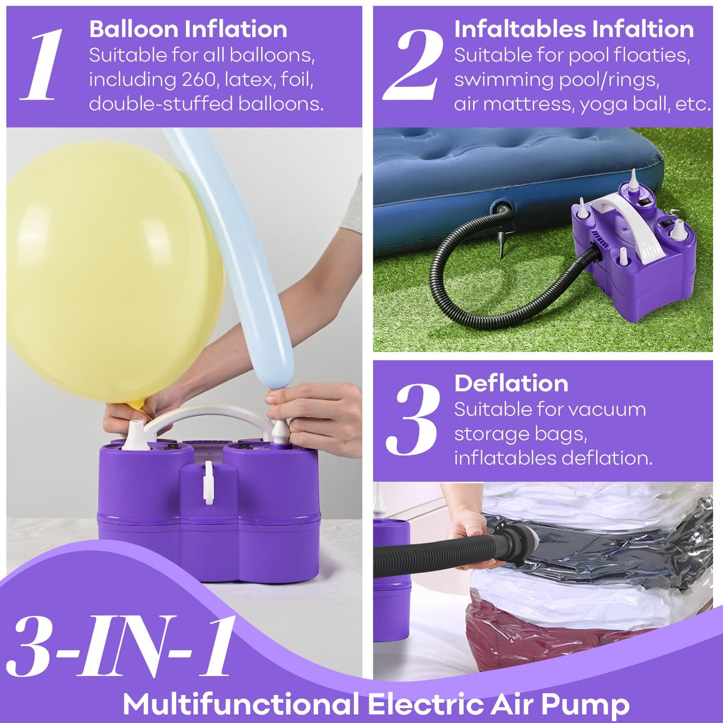 Electric Balloon Pump, 3-in-1 Portable Air Pump for Inflatables and Balloons, Dual Nozzle Balloon Blower Machine for Latex 260q Foil Balloons 110V Inflator Deflator for Pool Floats Air Mattress