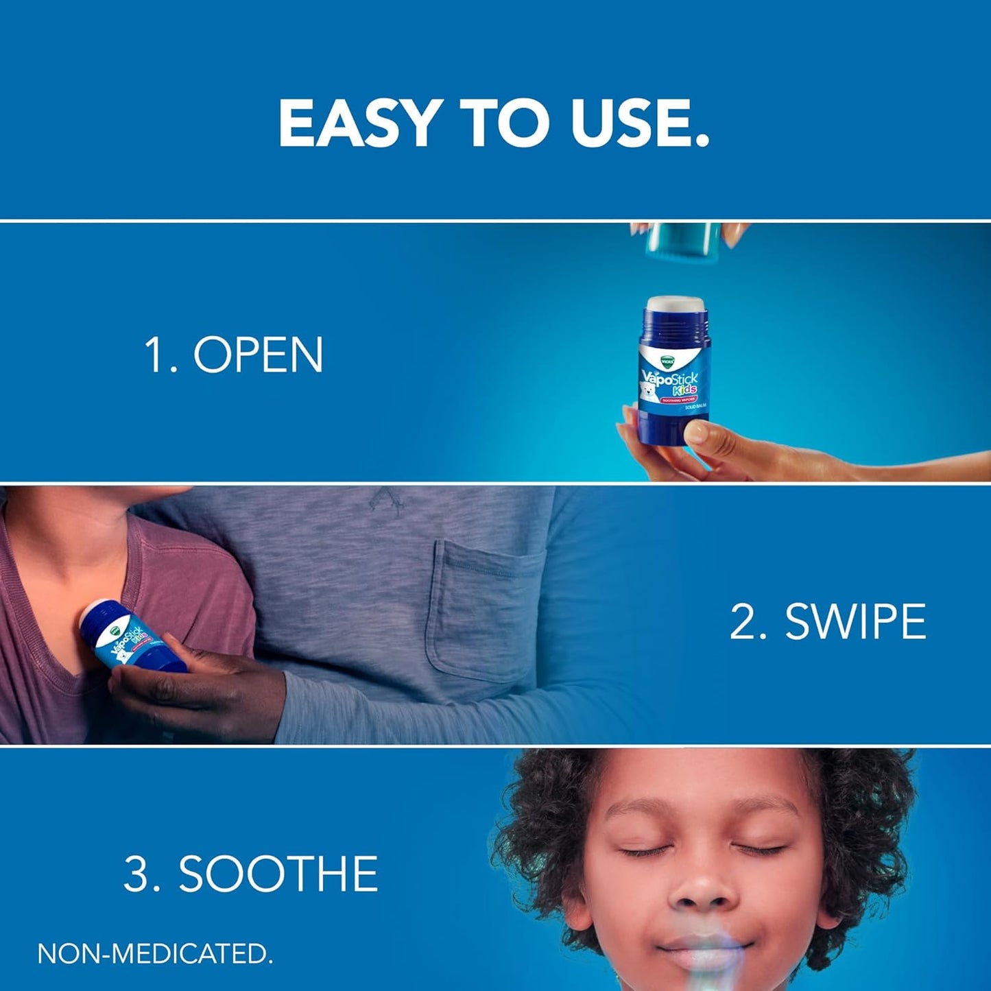 Vicks VapoStick Kids, Solid Balm, No Mess, for Kids Ages 4+ Soothing Non-Medicated Vicks Vapors, Easy-to-Use No-Touch Applicator, Lightweight Feel, 1.25oz x 2