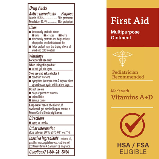 A+D First Aid Healing Ointment - Moisturizing Skin Protectant for Dry Cracked Heels, Elbows, Hands and Lips - Use After Hand Washing, Packaging May Vary, Multicolor – 1.5 oz Tube