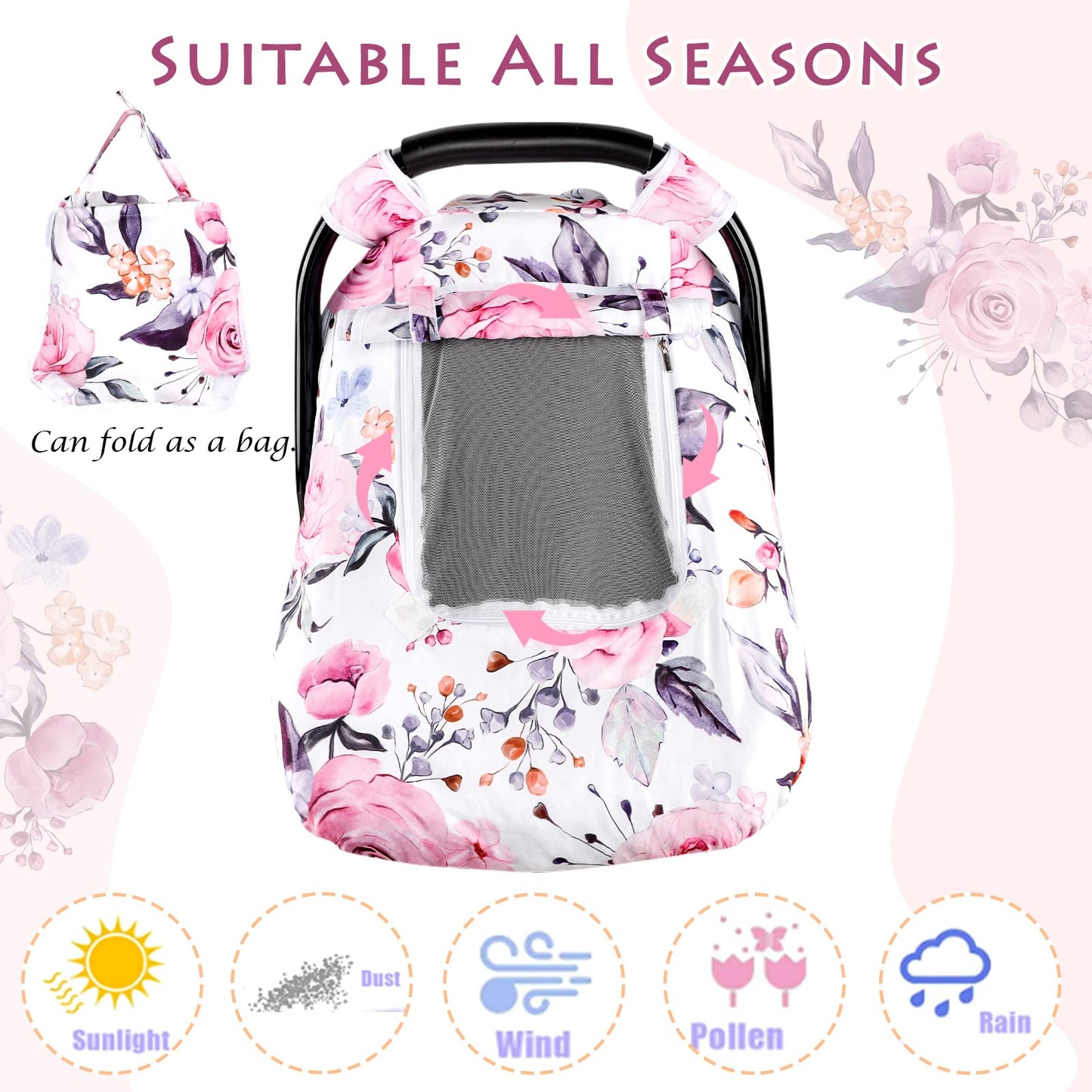 Pea Pod Car Seat Cover Baby, Infant Car Seat Canopy Covers for Newborn with 2 Layers Windows of Breathable Mesh Fabric, Lightweight Polyester/Soft Minky Dot Backing (Floral & Rainbow)