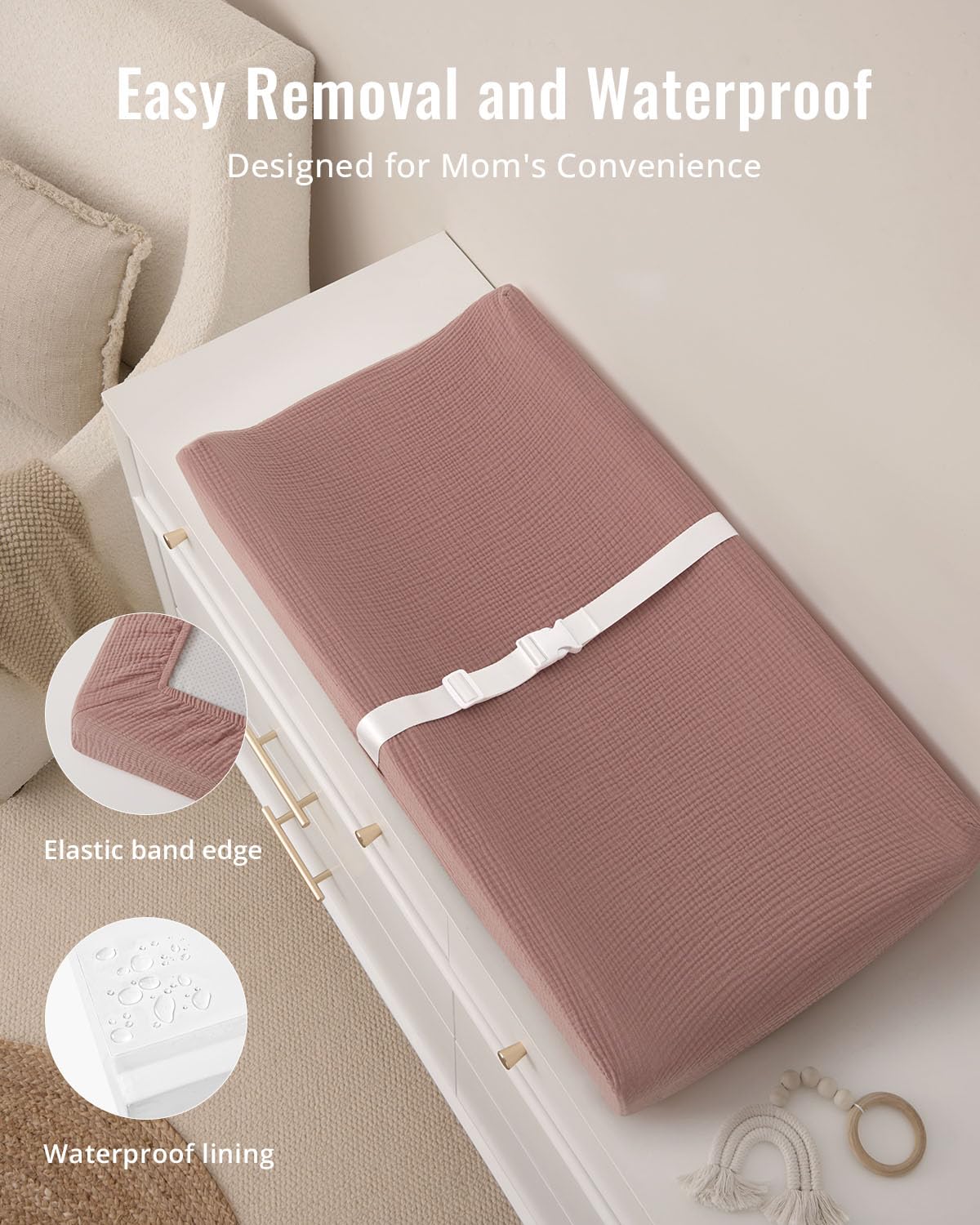 Blissful Diary Muslin Baby Changing Pad with Waterproof Lining Foam, Diaper Changing Table Pad with Cover for Dressers (Monstera, Avocado)