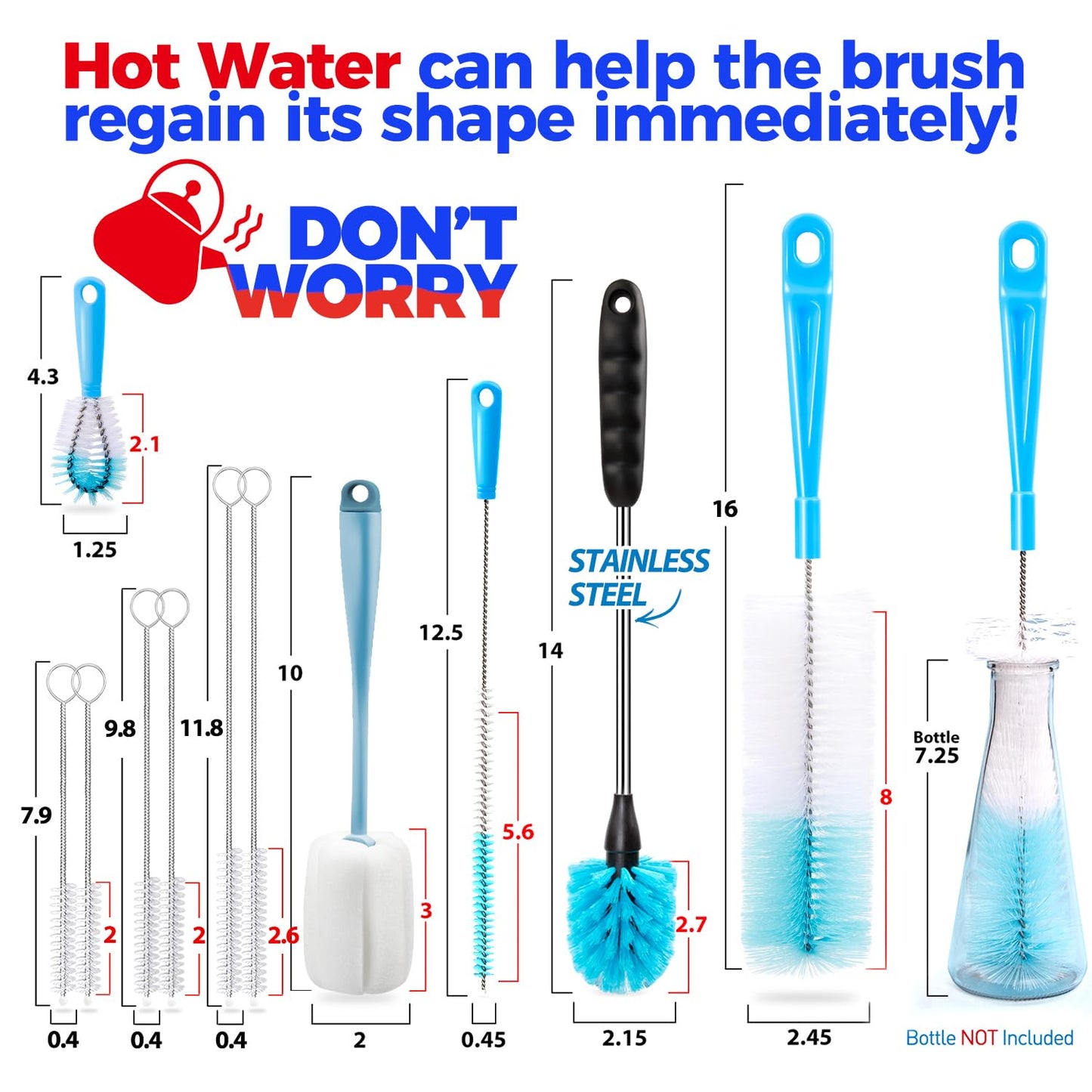 Holikme Bottle Brush Tube Cleaning Lab Set with Long Handle, Cup Cleaner for Washing Narrow Neck Beer Wine Decanter Pipes Lids Sinks Cap Covers, White