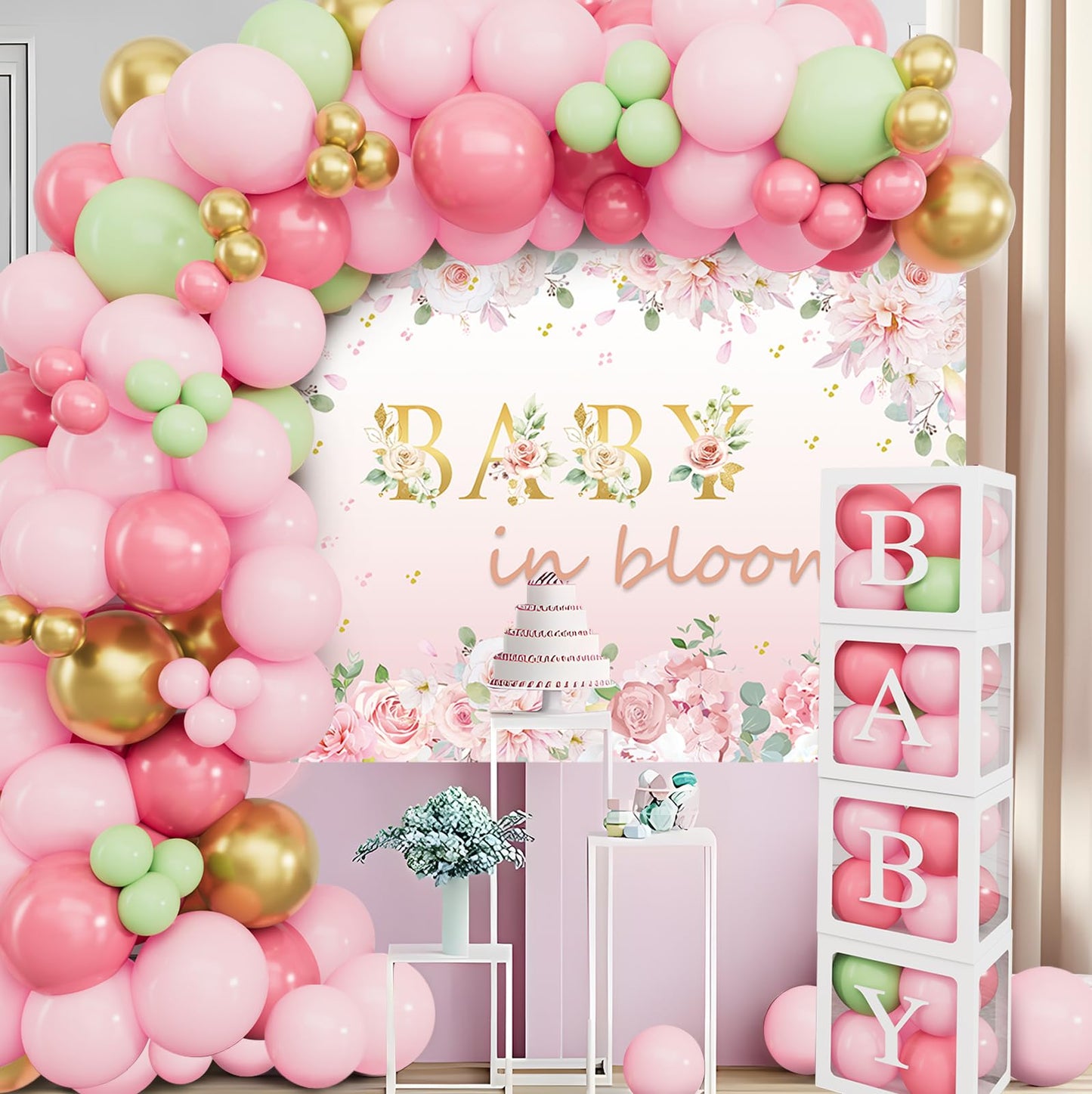 Baby in Bloom Baby Shower Decorations - 116pcs Pink and Sage Green Balloon Arch Kit, BABY in Bloom Backdrop and Baby Boxes with Letters for Pink Floral Baby Shower Decorations for Girl