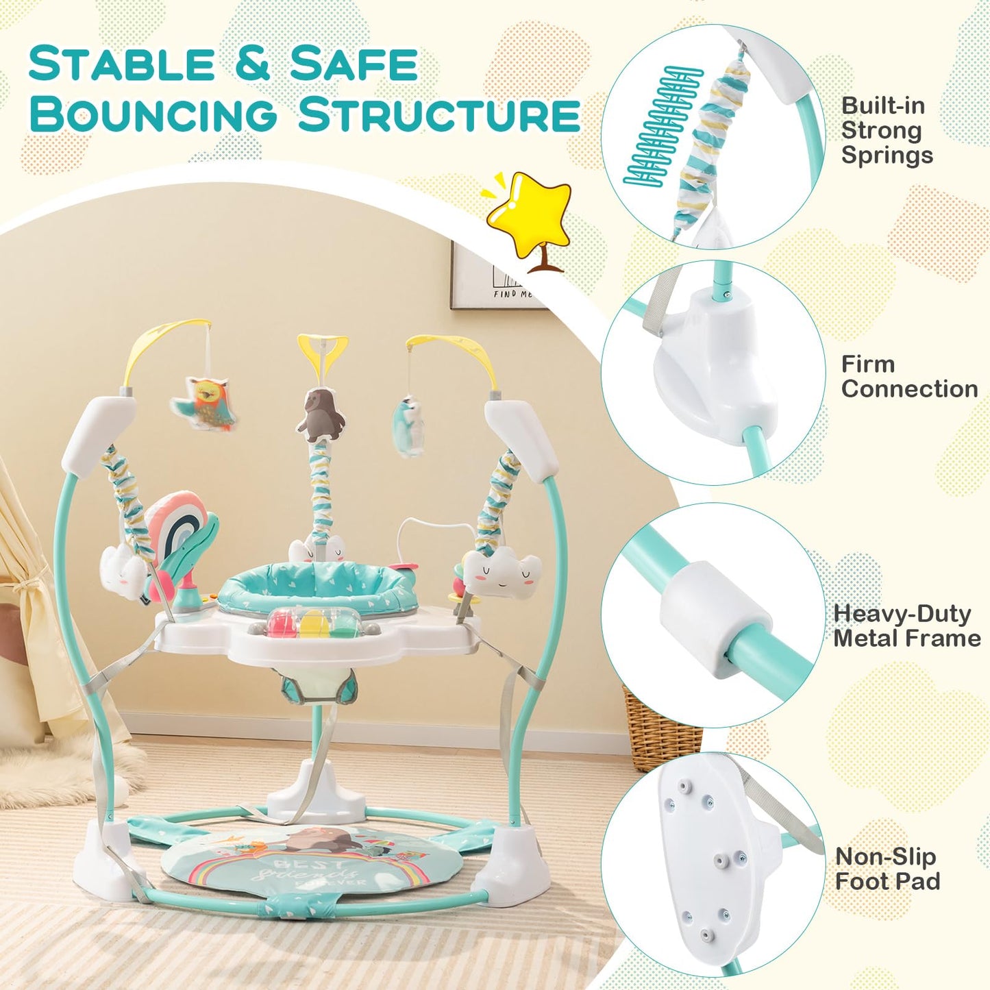 BABY JOY Baby Jumpers and Bouncers, Infant Activity Center with Music Lights Sounds, 360° Rotating Seat and 3 Adjustable Heights, Baby Play and Learning Center for 6-12 Months