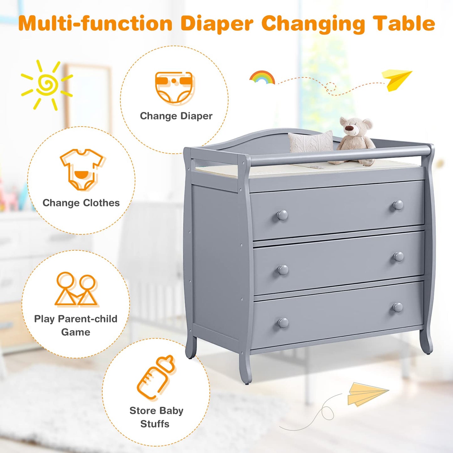 Costzon 3-Drawer Changing Table, Infant Diaper Changing Station with Drawers, Safety Rails & Strap, Baby Changing Table Dresser for Nursery, Easy Assembly (Brown)