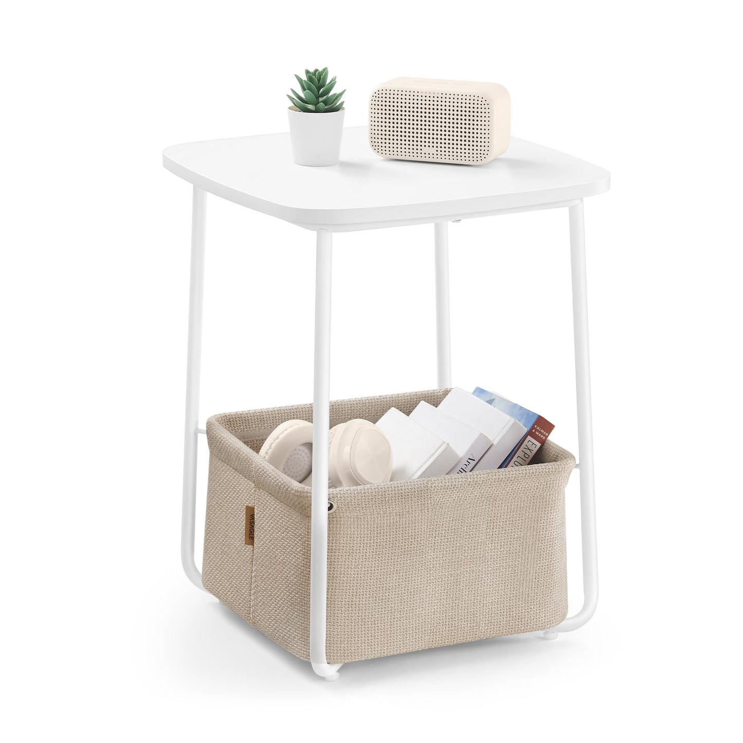 VASAGLE End Table, Small Bedside Table with Fabric Basket, Modern Nightstand, Round Side Table, for Living Room, Bedroom, Matte White and Camel Brown ULET223W10