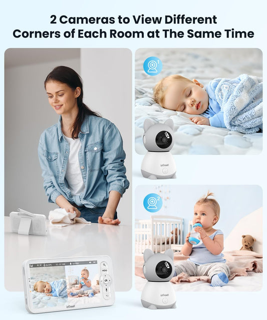 ieGeek Split-Screen Baby Monitor with 2 Camera and Audio-Two 2K Video Monitor with 5" Screen -Night Vision,Two-Way Talk,Cry&Motion Detection,Temper&Humidity Sensor,Remote Control via Screen and APP