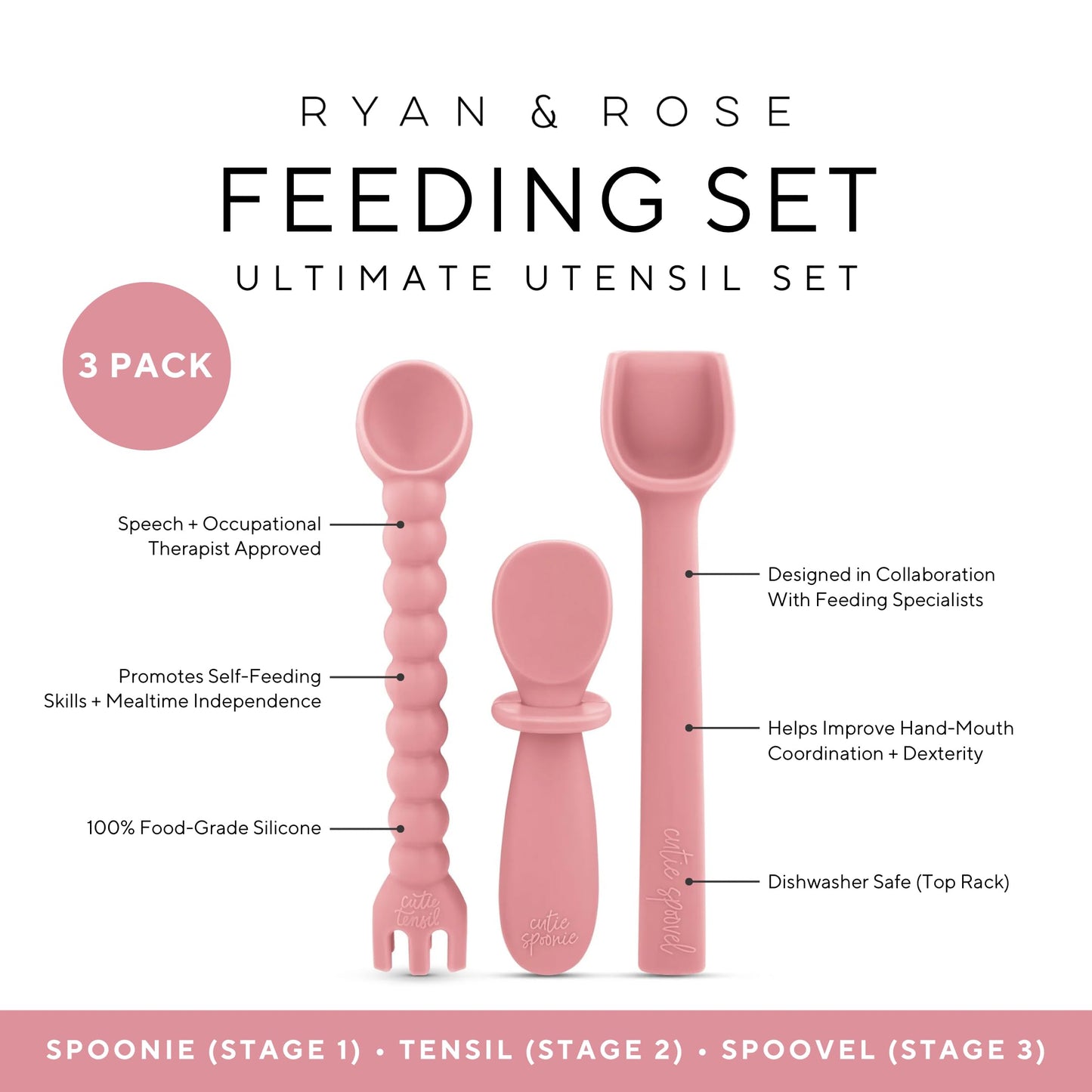 Ryan & Rose Ultimate Utensil Set of 3 Silicone Baby Spoons Silicone baby feeding set for baby led weaning, baby spoons self feeding 6 months, baby utensils, toddler utensils (Rose), Child