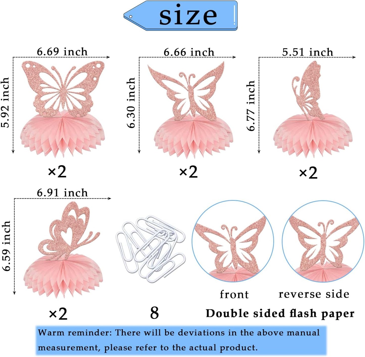 Butterfly Honeycomb Centerpieces, Butterfly Themed Baby Shower Party Decorations, Baby Girl Gender Reveal Party Table Toppers Supplies 8 Pcs Rose Gold (Double Sided Glitter Paper)…
