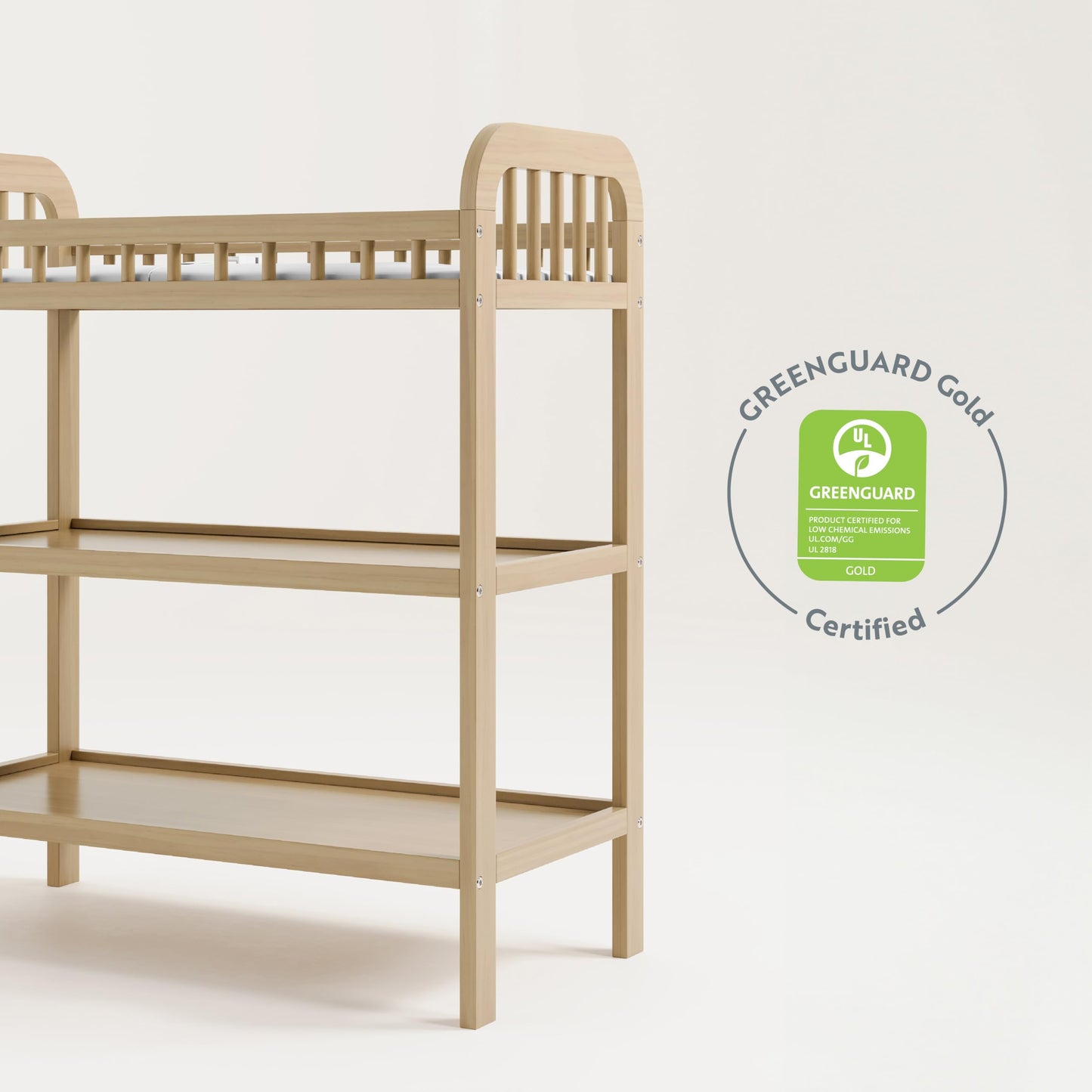 Storkcraft Pasadena Changing Table with Water-Resistant Changing Pad (Driftwood) - GREENGUARD Gold Certified, Includes Bonus Water-Resistant Changing Pad with Safety Strap, 2 Open Shelves