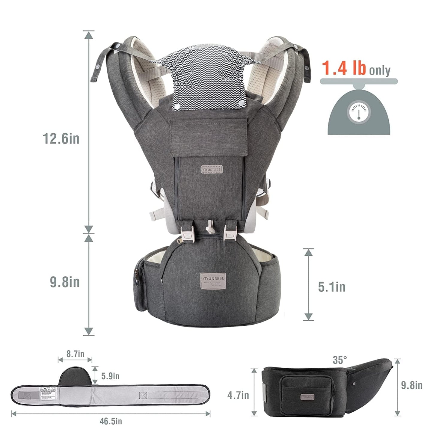 Baby Carrier, Ergonomic 6-in-1 Baby Carrier with Hip Seat for Newborn Infant Toddler, Adjustable Detachable Baby Holder Carrier for Dad Mom