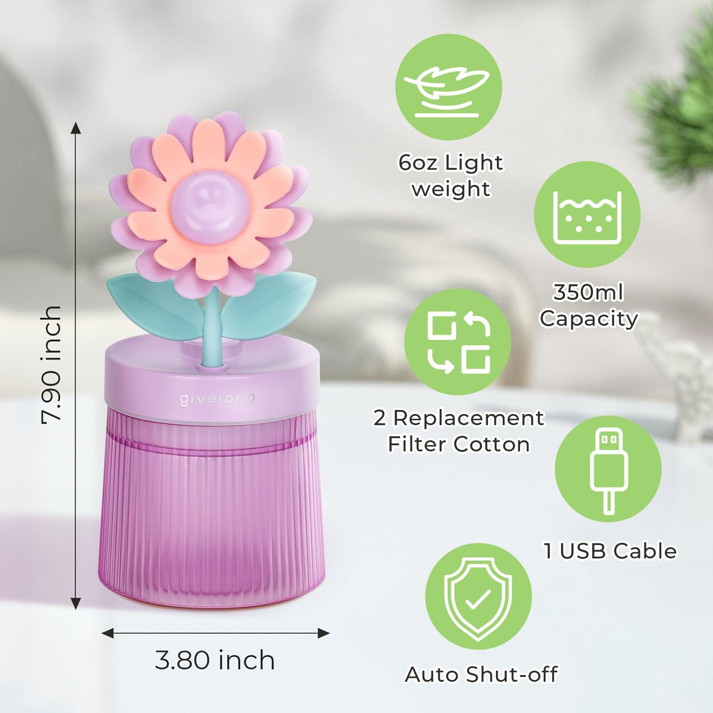 Cute Flower Mini Humidifier, 260ml Gardenia Desktop Humidifiers for Bedroom, Portable Small Cool Mist Humidification for Home, Baby Nursery, Office & Indoor Plants, USB Powered (Pink)