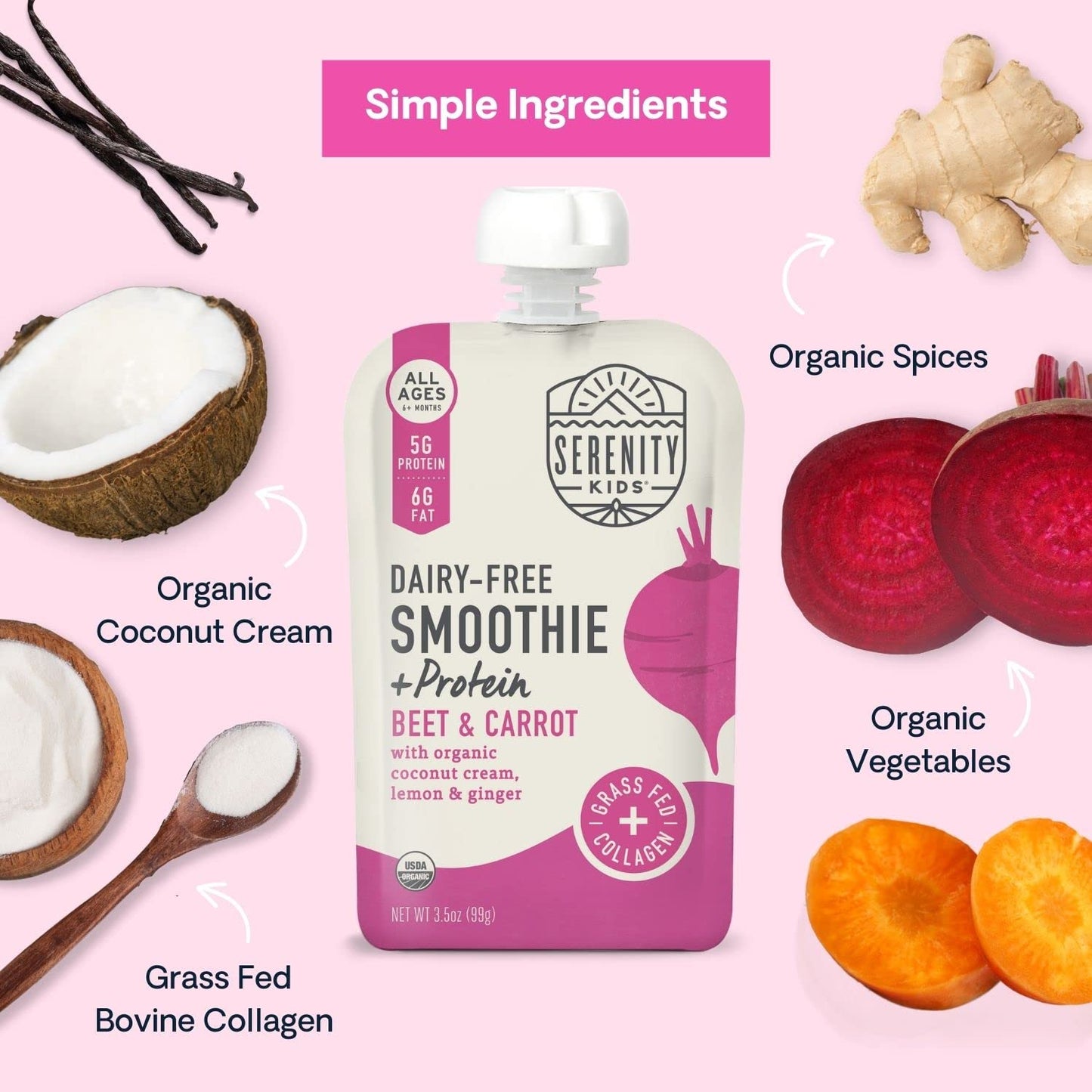 Serenity Kids 6+ Months Dairy-Free Smoothie Baby Food | USDA Organic | Grass Fed Collagen Protein | 3.5 Ounce BPA-Free Pouch | Berry Butternut | 12 Count