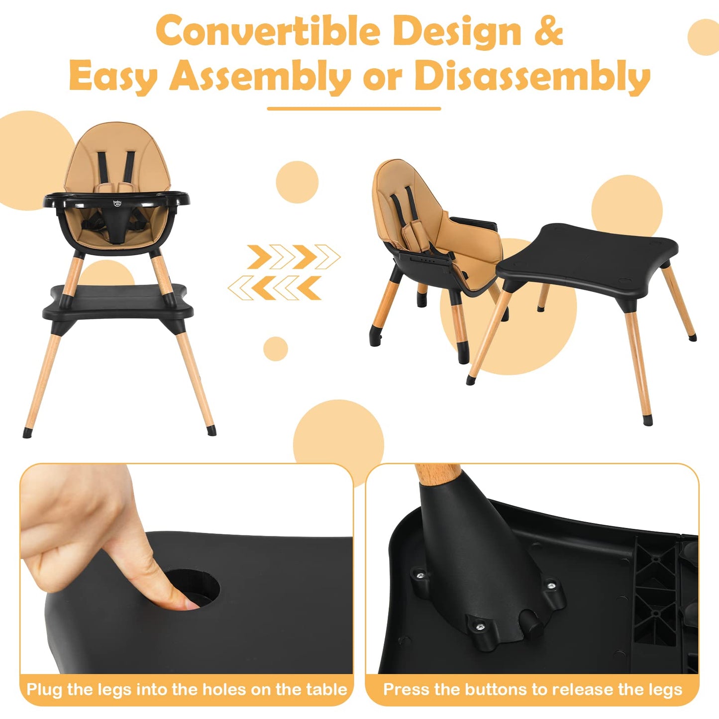 BABY JOY 6 in 1 High Chair, Convertible High Chairs for Babies and Toddlers/Booster Seat/Table and Chair Set, Infant Wooden Highchair w/ 5-Point Harness, 4-Position Removable Tray & PU Cushion, Coffee