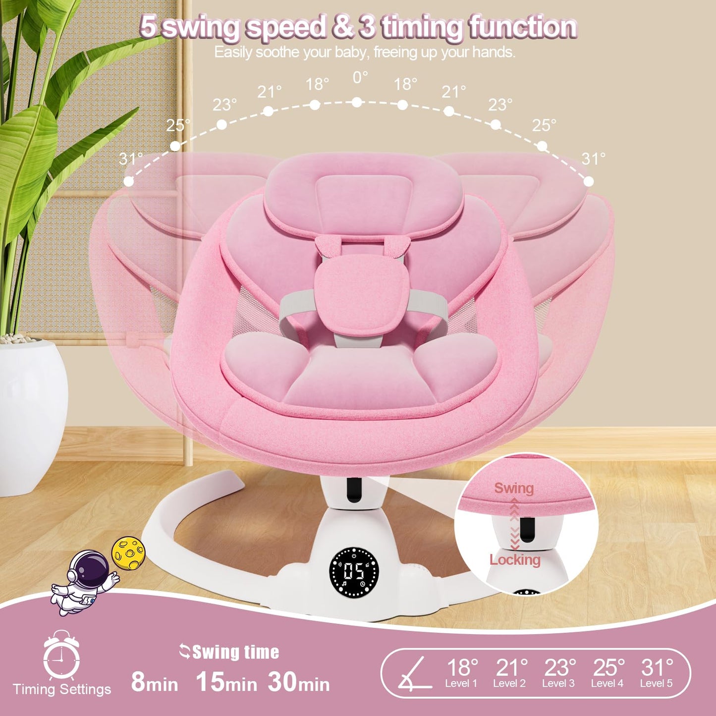 Electric Baby Swings for Infants to Toddler Baby Swing with Remote Control & Bluetooth Music 10-Preset Melodies (Pink)