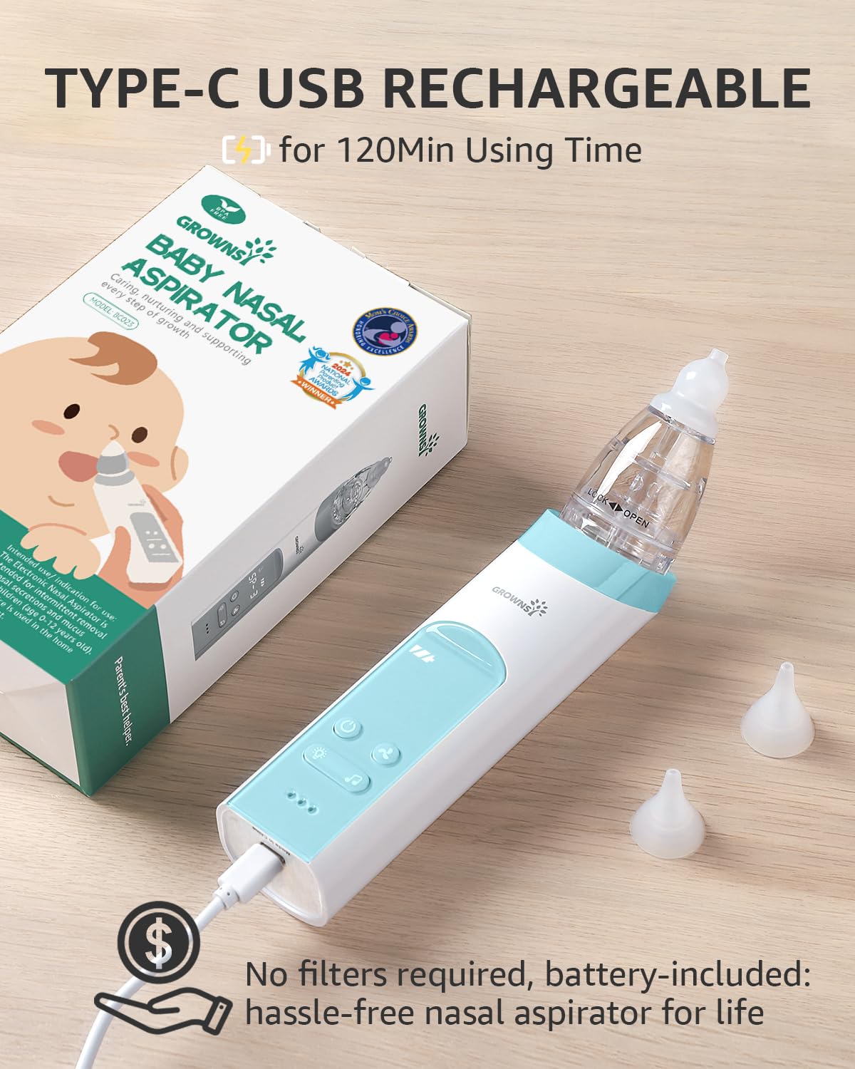GROWNSY Nasal Aspirator for Baby, Electric Nose Aspirator for Toddler, Baby Nose Sucker, Automatic Nose Cleaner with 3 Silicone Tips, Adjustable Suction Level, Music and Light Soothing Function