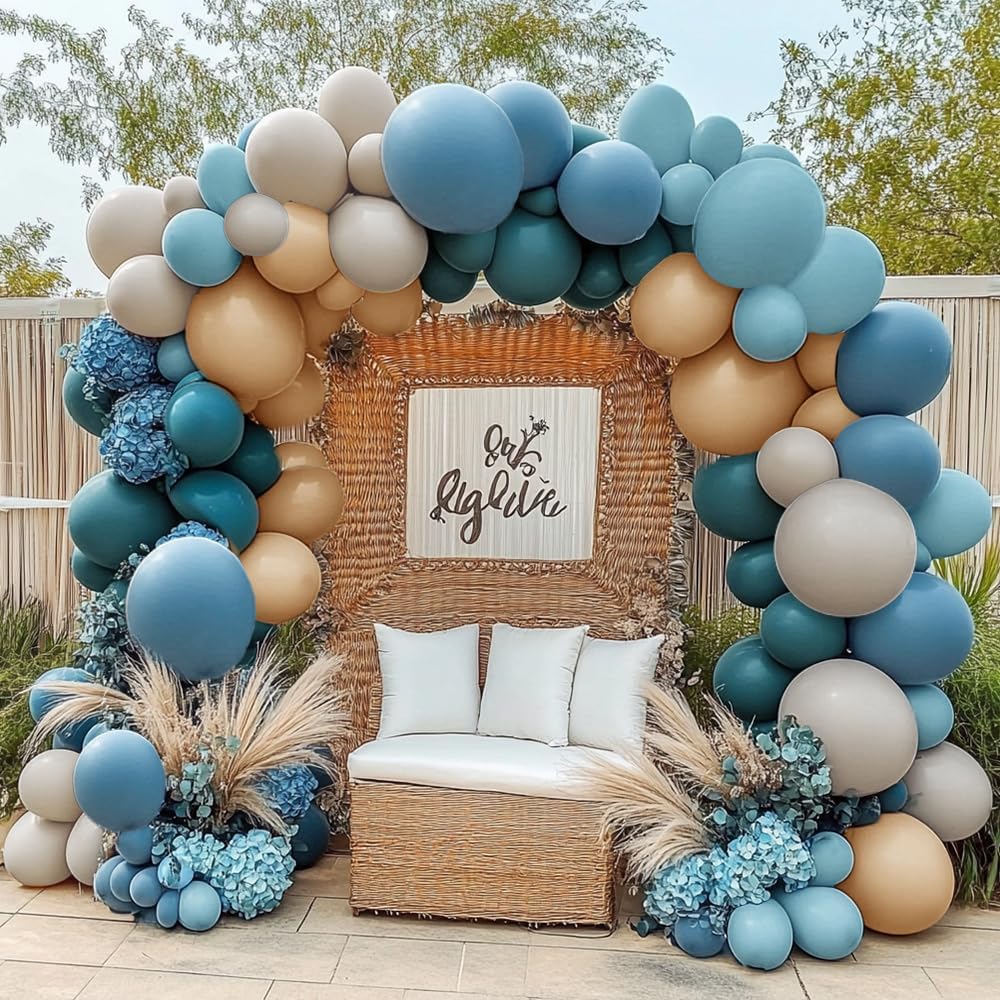 Dusty Blue Tan Balloon Garland Double Stuffed Slate Pastel Blue Brown Nude White Sand Latex Balloons Arch Kit for Neutral Baby Shower Birthday Bridal Wedding Bear Theme Party Decorations