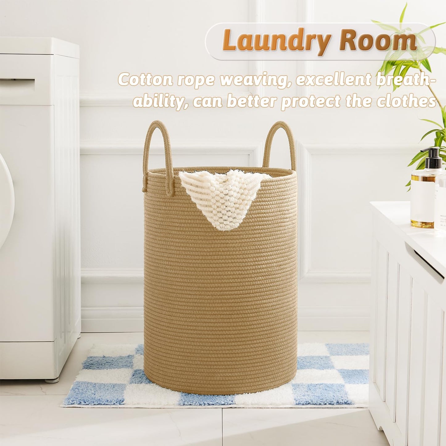 Laundry Basket,Woven Cotton Rope Laundry Hamper,60L for Decor Storage of Dirty Clothes,Toys and Blankets in Bathroom,Baby Room and Living Room