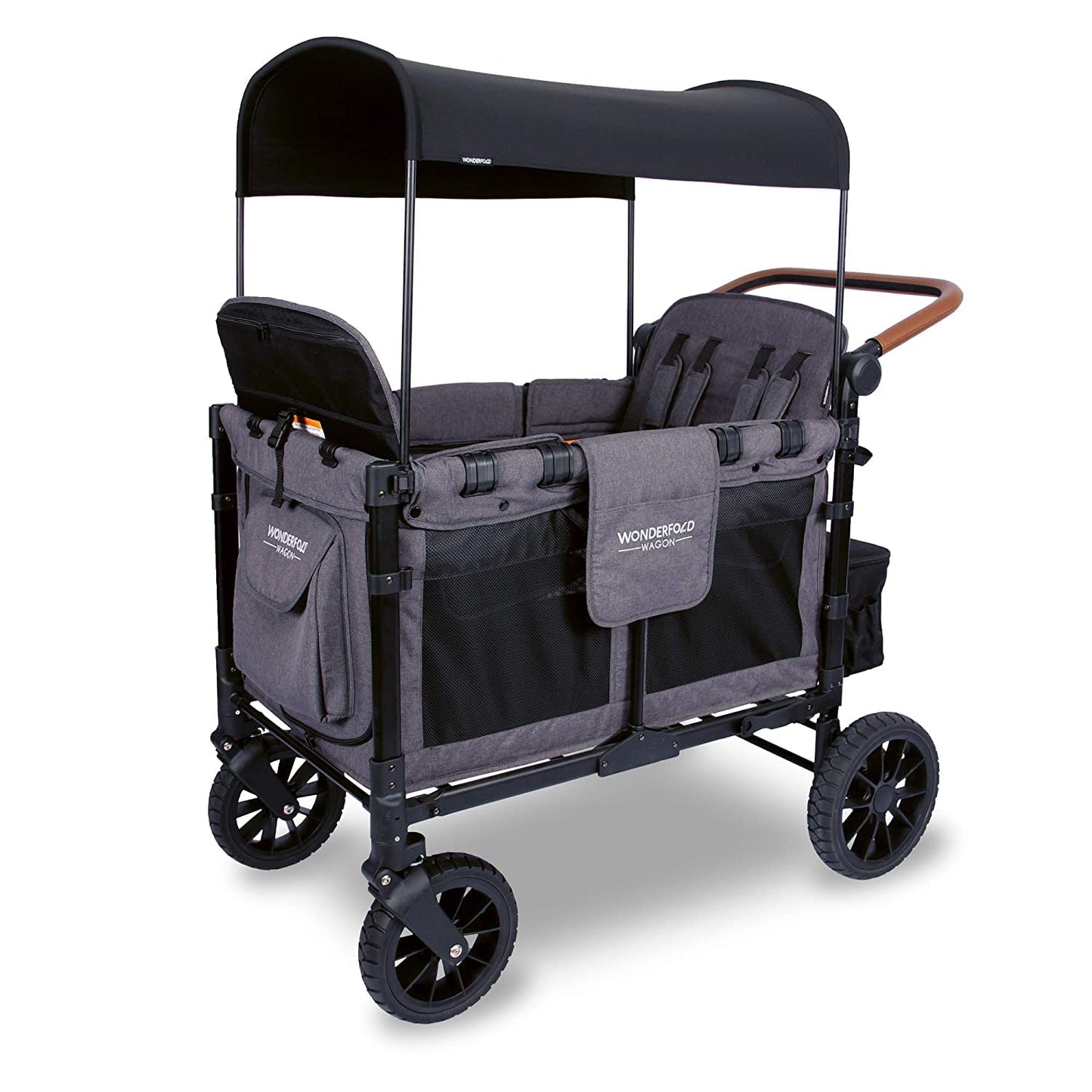 WONDERFOLD W4 Luxe Quad Stroller Wagon Featuring 4 High Face-to-Face Seats with Magnetic Buckle 5-Point Harnesses and Adjustable/Removable UV-Protection Canopy, Hunter Green