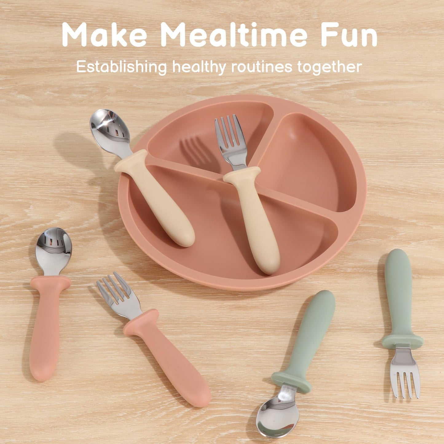 Toddler Utensils, 6 Pack kids Silverware Set with Silicone Handle, 18/8 Stainless Steel Children Safe Forks and Spoons, Dishwasher Safe