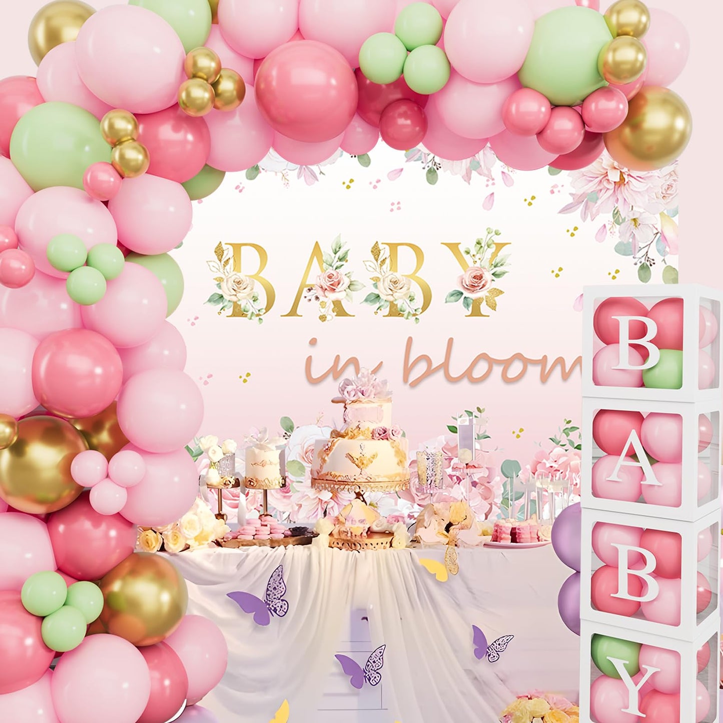 Baby in Bloom Baby Shower Decorations - 116pcs Pink and Sage Green Balloon Arch Kit, BABY in Bloom Backdrop and Baby Boxes with Letters for Pink Floral Baby Shower Decorations for Girl