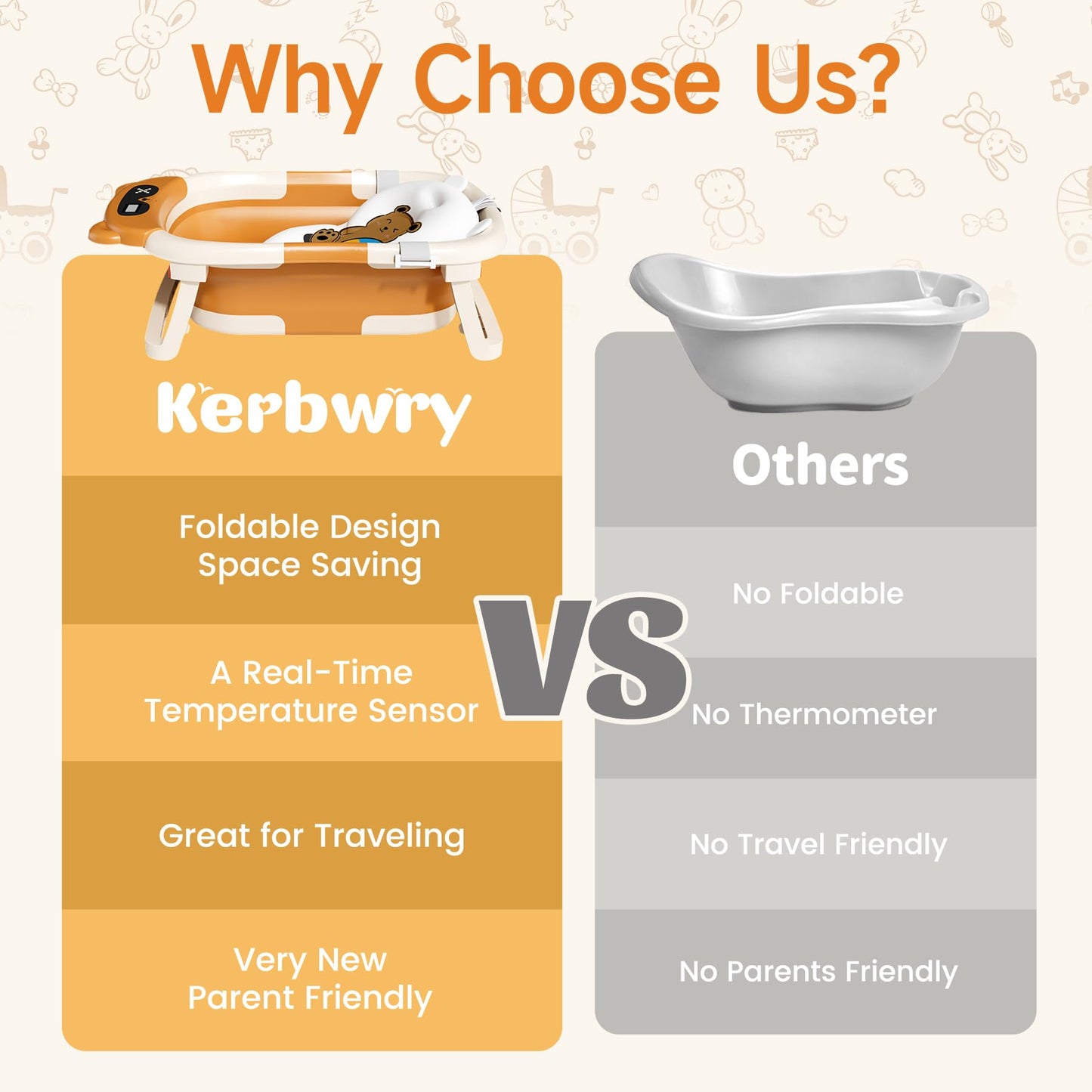 Collapsible Baby Bathtub for Newborn to Toddler (0-18 M) - Portable Baby Tub with Thermometer, Newborn Bathtub with Soft Towel and Floating Cushion (Brown)