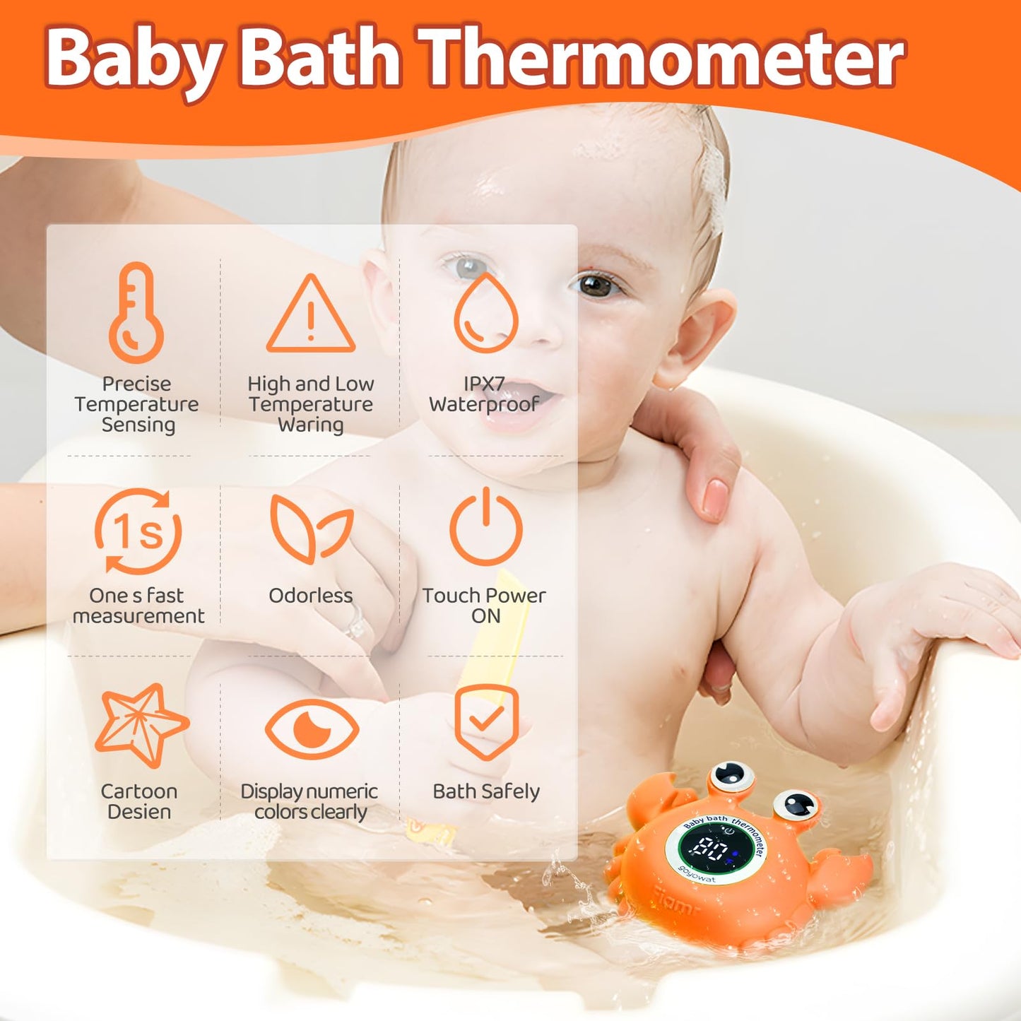 Baby Bath Thermometer with LED Display, Floating Crab Toy – 2-in-1 Water Safety Sensor for Infants, Color-Coded Alerts (Hot/Cold), Bath Tub Temperature Monitor, Cute Floating Bath Toy, Nursery