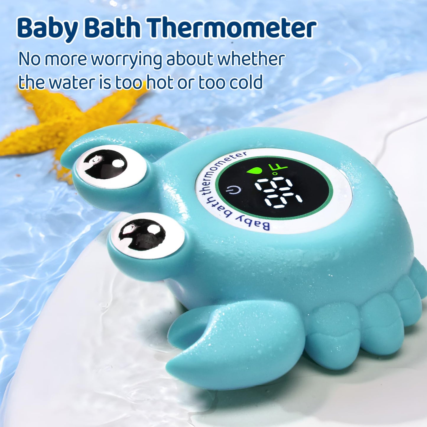Baby Bath Thermometer with LED Display, Floating Crab Toy – 2-in-1 Water Safety Sensor for Infants, Color-Coded Alerts (Hot/Cold), Bath Tub Temperature Monitor, Cute Floating Bath Toy, Nursery