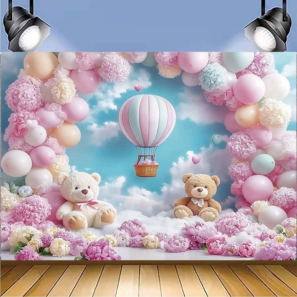 Pink Bear Hot Air Balloon Backdrop Girl Bear Balloons Baby Shower Background Girl 1st Birthday Party Banner Newborn Baby Shower Party Cake Table Decoration Photo Booth Props(Pink, 7x5ft)