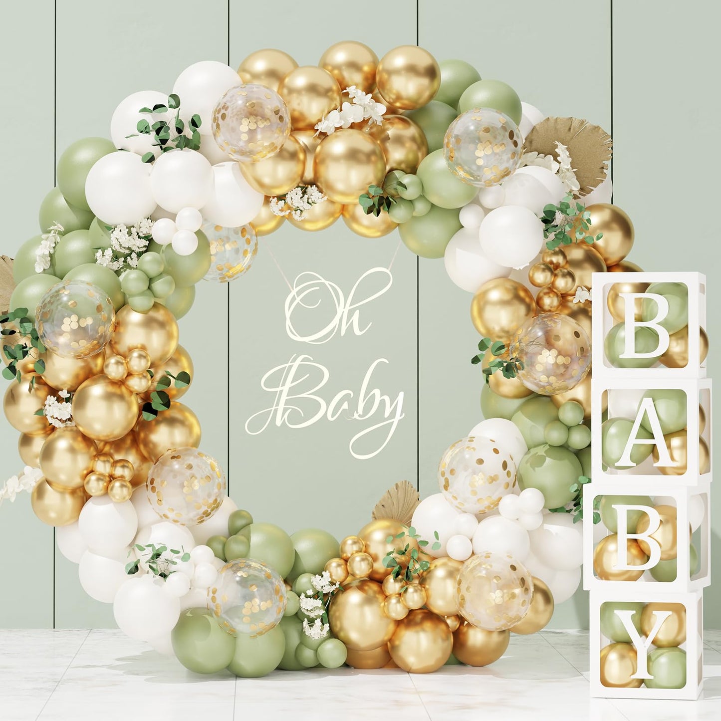 Baby in Bloom Baby Shower Decorations - 116pcs Pink and Sage Green Balloon Arch Kit, BABY in Bloom Backdrop and Baby Boxes with Letters for Pink Floral Baby Shower Decorations for Girl