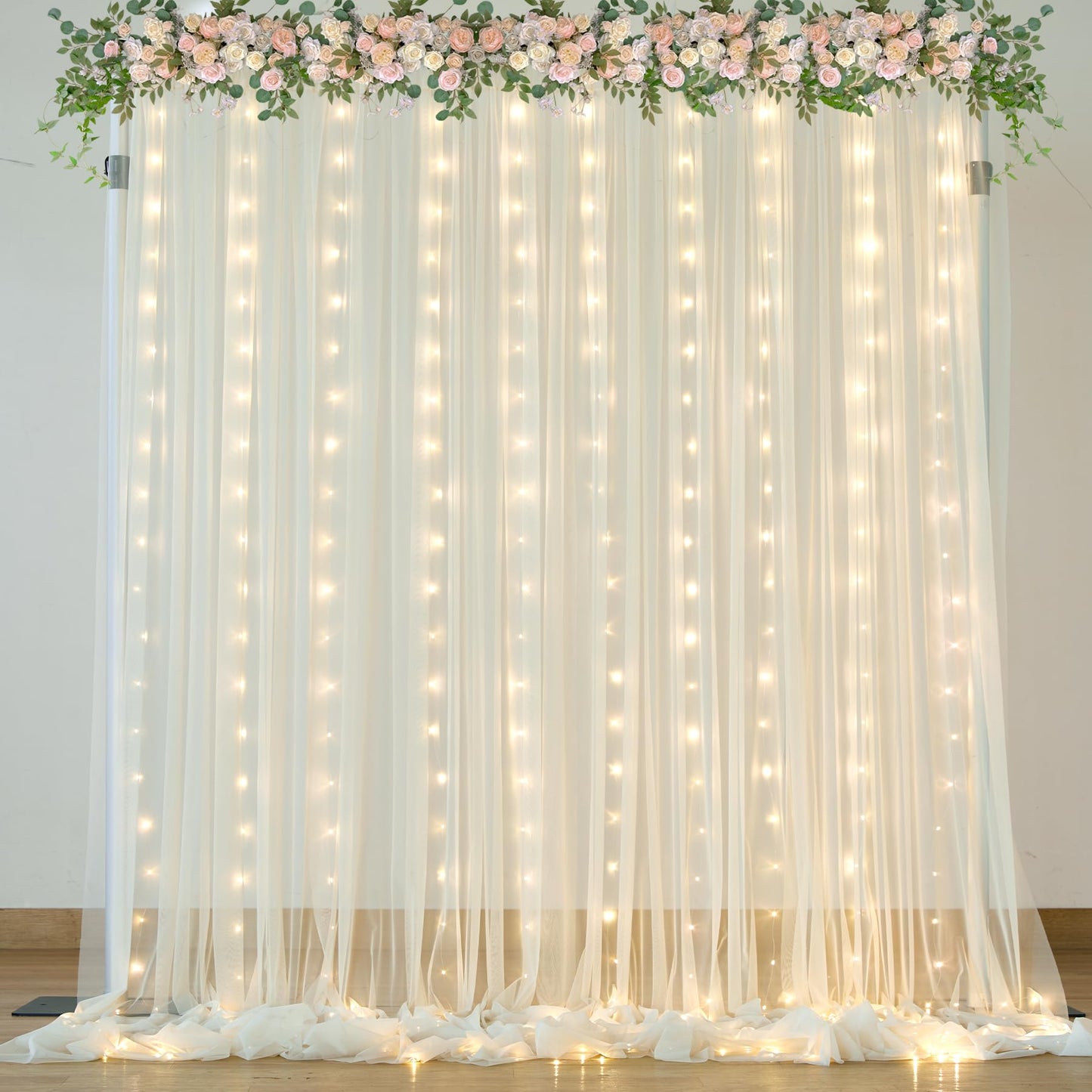 White Tulle Backdrop Curtain with Lights String for Parites 10×8ft Sheer Backdrop Curtains White Curtain Backdrop for Wedding Baby Shower Birthday Party Photo Shoot Decorations(2 Panels 10ft×8ft)