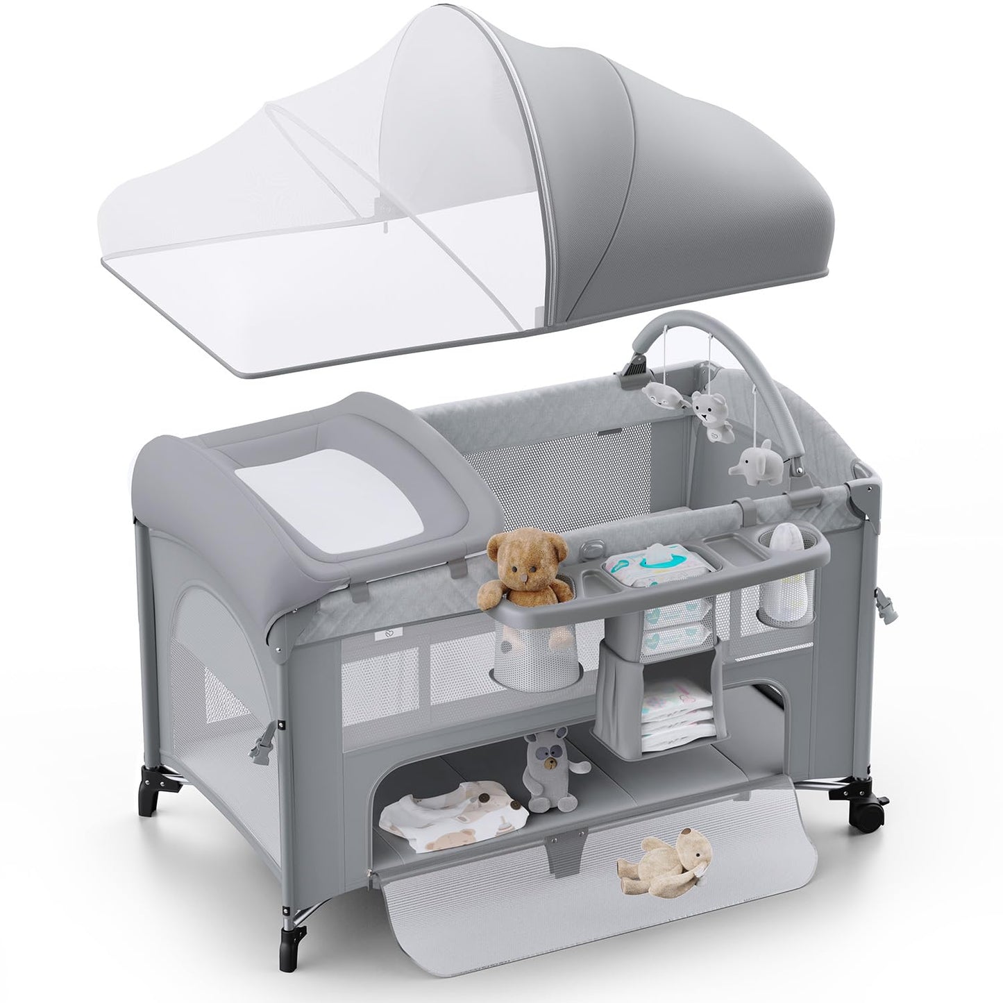 4 in 1 Baby Bassinet, Pack and Play, Bedside Crib Sleeper, Diaper Changer - Comes with Mattress, Mosquito Net,Bottom Storage and Toy Bar for Newborn to Toddles