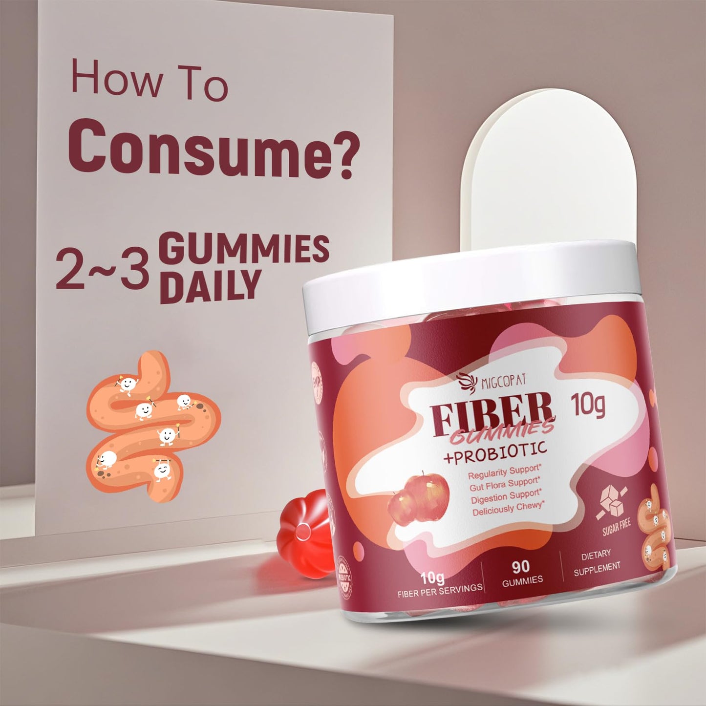 Migcopat Gomitas de fibra con probióticos, 0.35 onzas de fibra por porción, sin azúcar añadido, con mezcla de probióticos de 10 mil millones de UFC, vinagre de sidra de manzana, vitamina C, inulina,