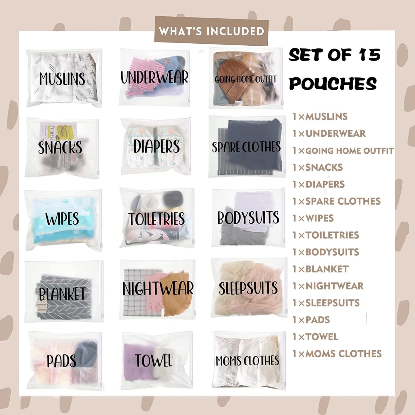 15 Pack Hospital Bags for Labor and Delivery,11 x 14 Inch Maternity Hospital Bag Essentials Organizing Pouches for First Time New Mom Newborn Baby
