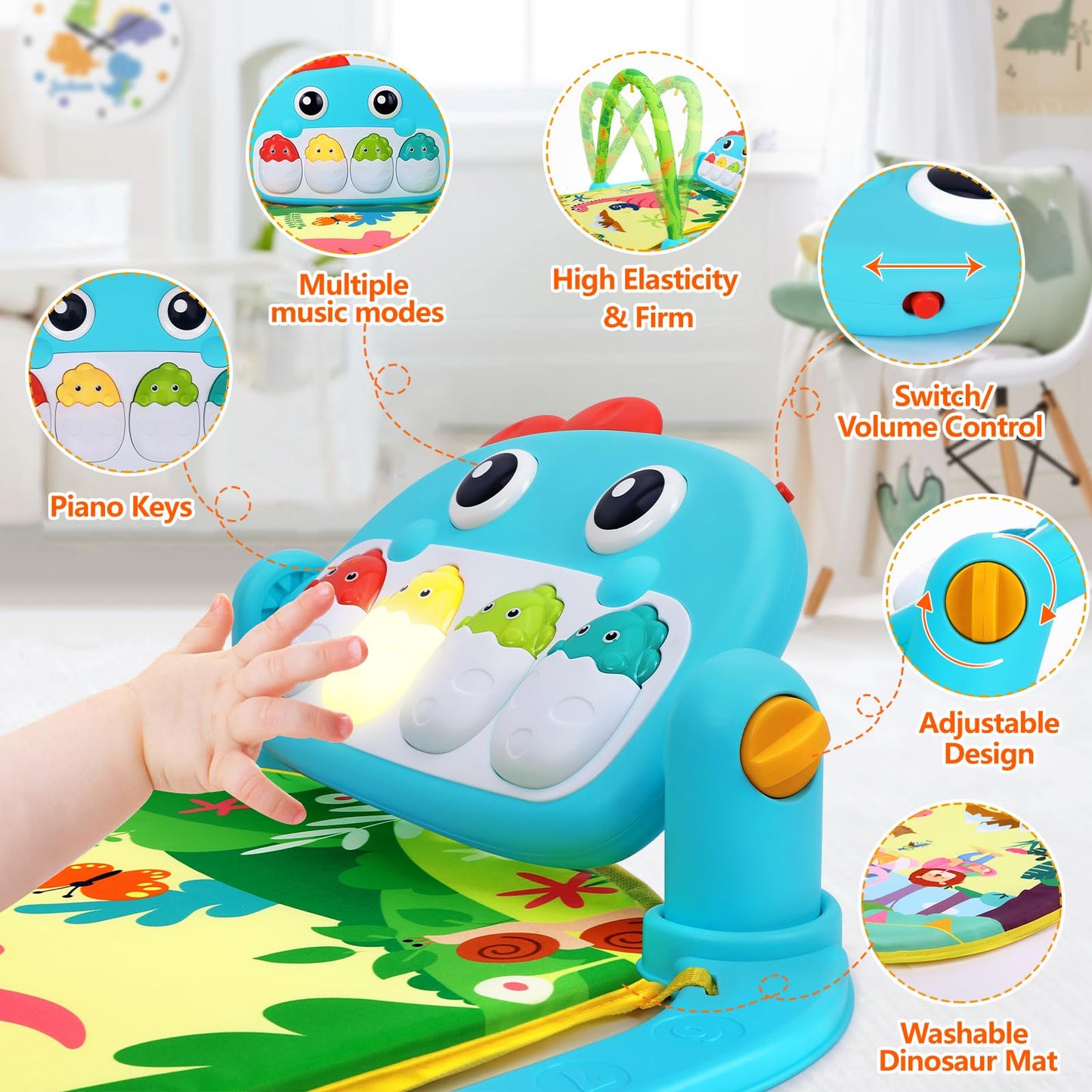 UMIKU Baby Play Mat Baby Tummy Time Mat Activity Center for Newborn Infant Piano Play Gym Mat Music & Light Babies Gifts Boy Girl for Babies 0-6 6-12 Months, Pink Dinosaur