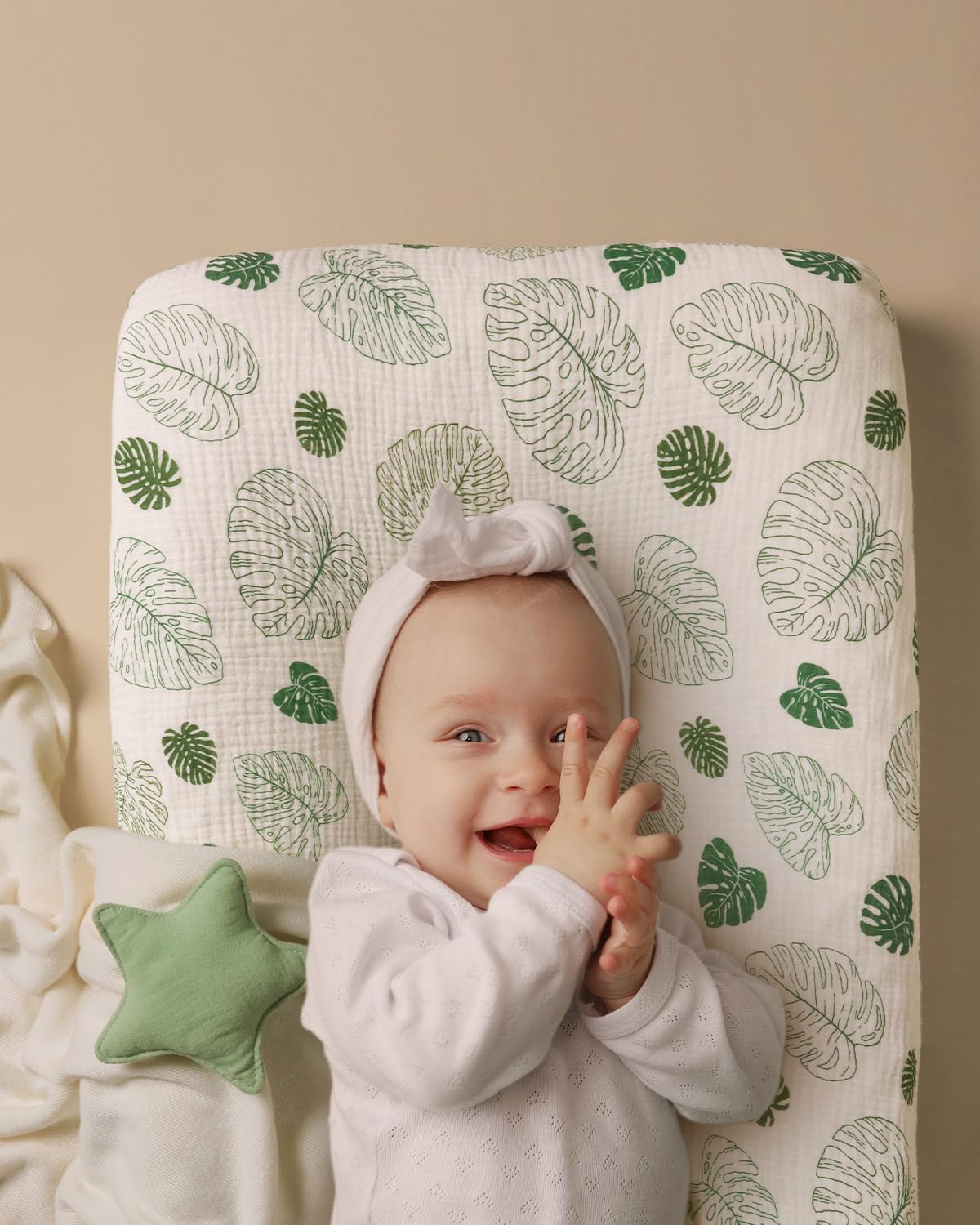 Blissful Diary Muslin Changing Pad Cover for Girls Boys, Ultra Soft Breathable Cotton, Baby Diaper Change Table Pad Covers, 2Pack (Roman Green&Leaf)