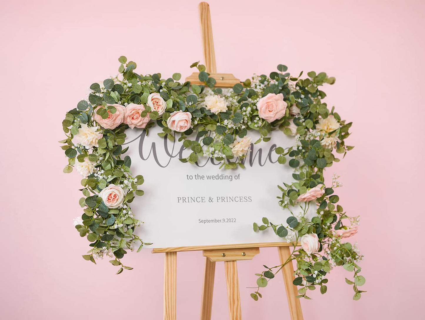 Anna's Whimsy 5.91FT Artificial Eucalyptus Garland with Flowers, Fake Flower Rose Gypsophila, Faux Floral Greenery Garland for Wedding Spring Home Party Craft Art Table Runner Decor