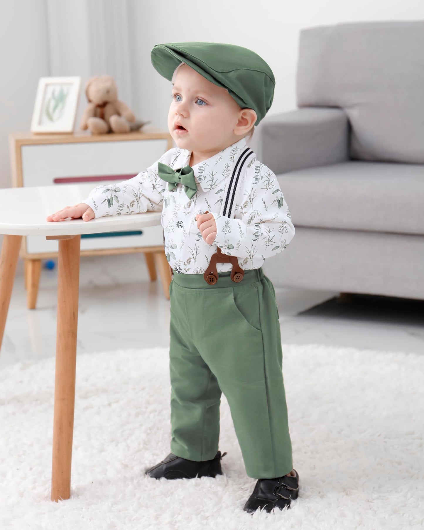 WESIDOM Baby Boy Clothes 0-18M Newborn Infant Gentleman Outfit, Shirt+Bowtie+Beret+Suspender Pant Baby boy Suit Clothing Set