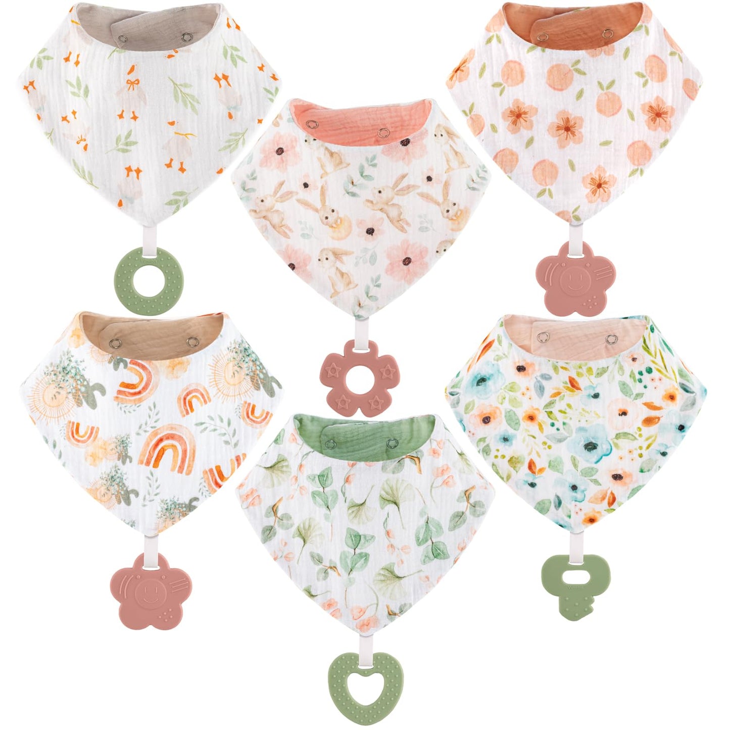 Baby Bandana Drool Bibs 6-Pack and Teething Toys 6-Pack Made with 100% Organic Cotton, Absorbent and Soft Unisex