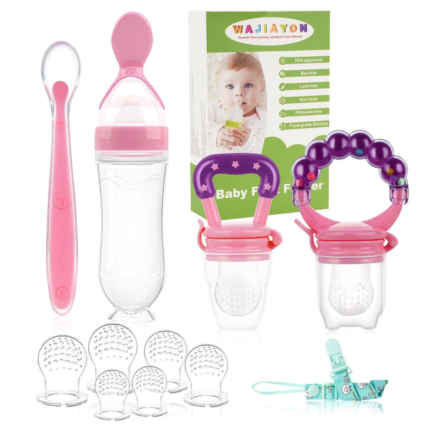 Food Feeder for Baby, Fruit Feeder Pacifier (3 Pcs) with 6 Different Sized Silicone Pacifiers 1 PCS Silicone Baby Food Dispensing Spoon 90ML with 1 PC Baby Spoons 1 PC Pacifier Clip Baby Feeding Set