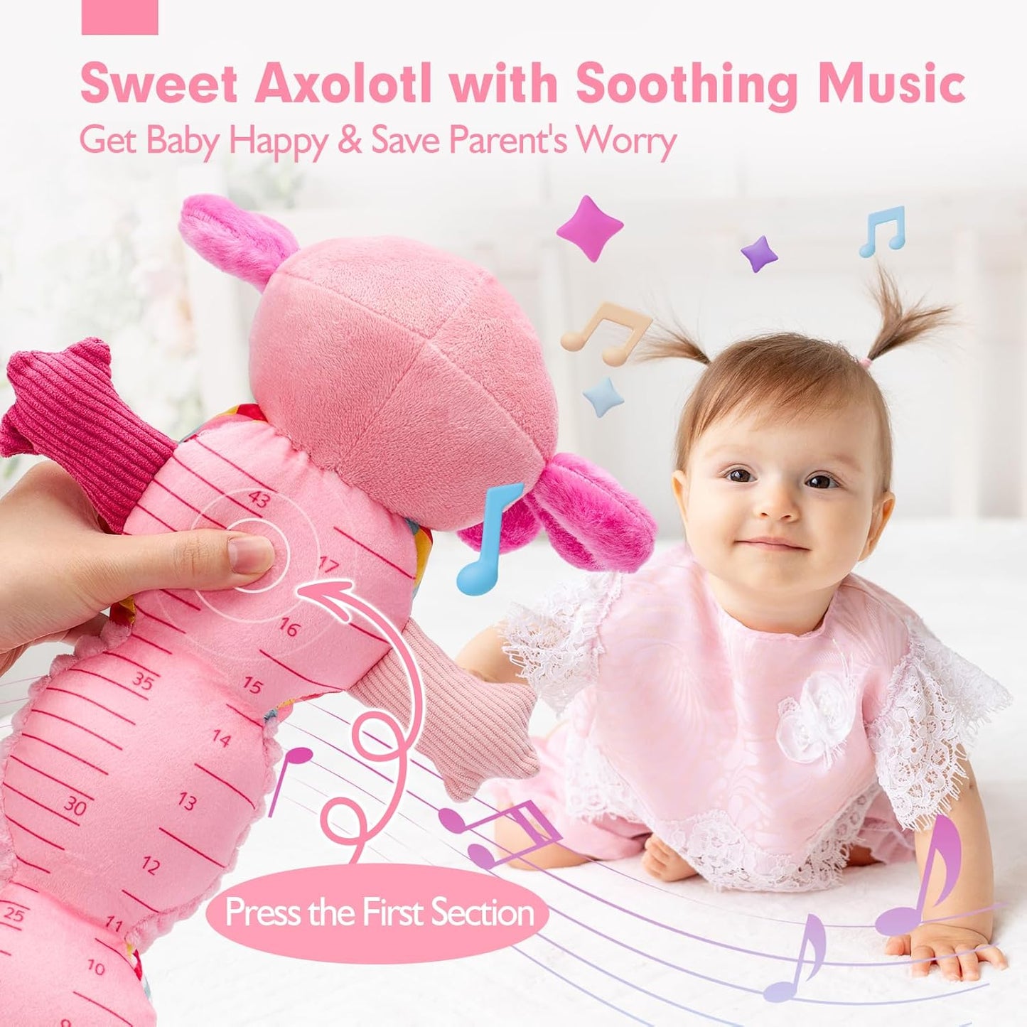 hahaland Tummy Time Toys for Babies 0-6 Months - Musical Axolotl Plush with Rattle, Teether, Mirror, Squeaky, Crinkle - Infant Toys 0-12 Months Baby Gifts