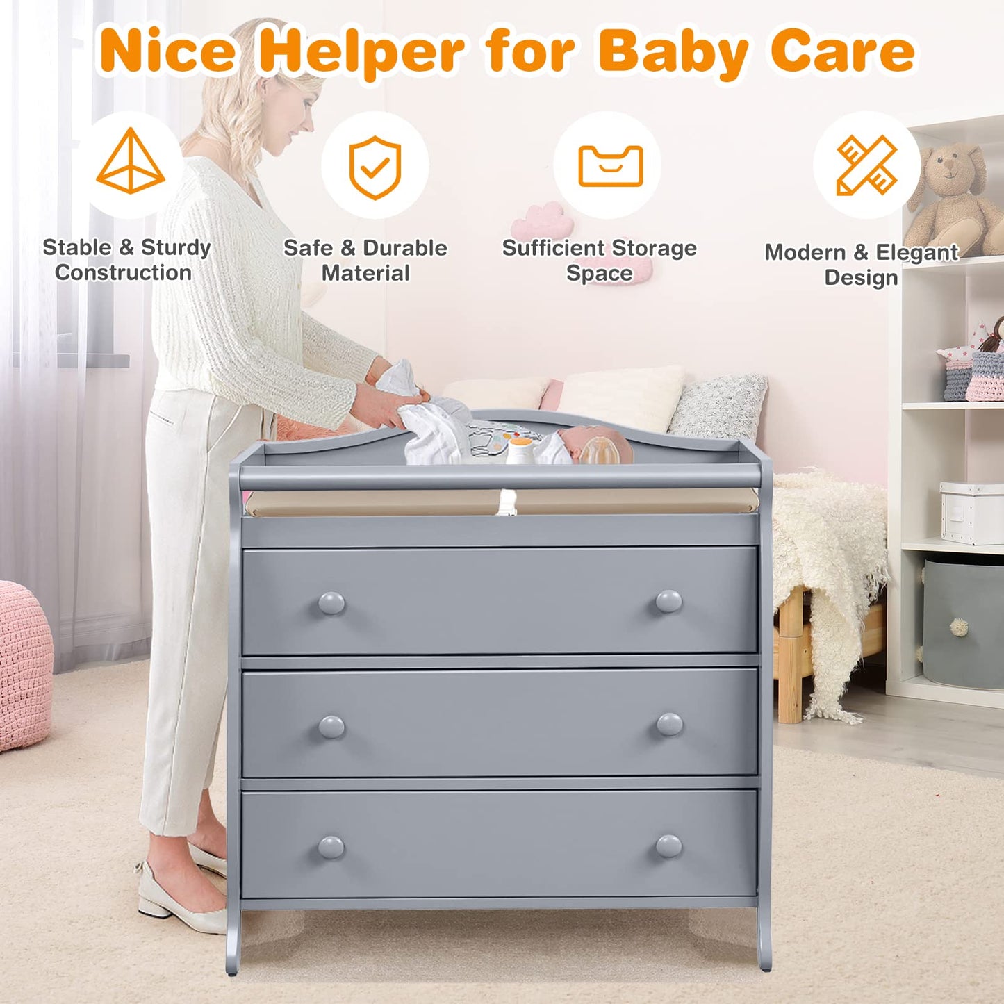 Costzon 3-Drawer Changing Table, Infant Diaper Changing Station with Drawers, Safety Rails & Strap, Baby Changing Table Dresser for Nursery, Easy Assembly (Brown)
