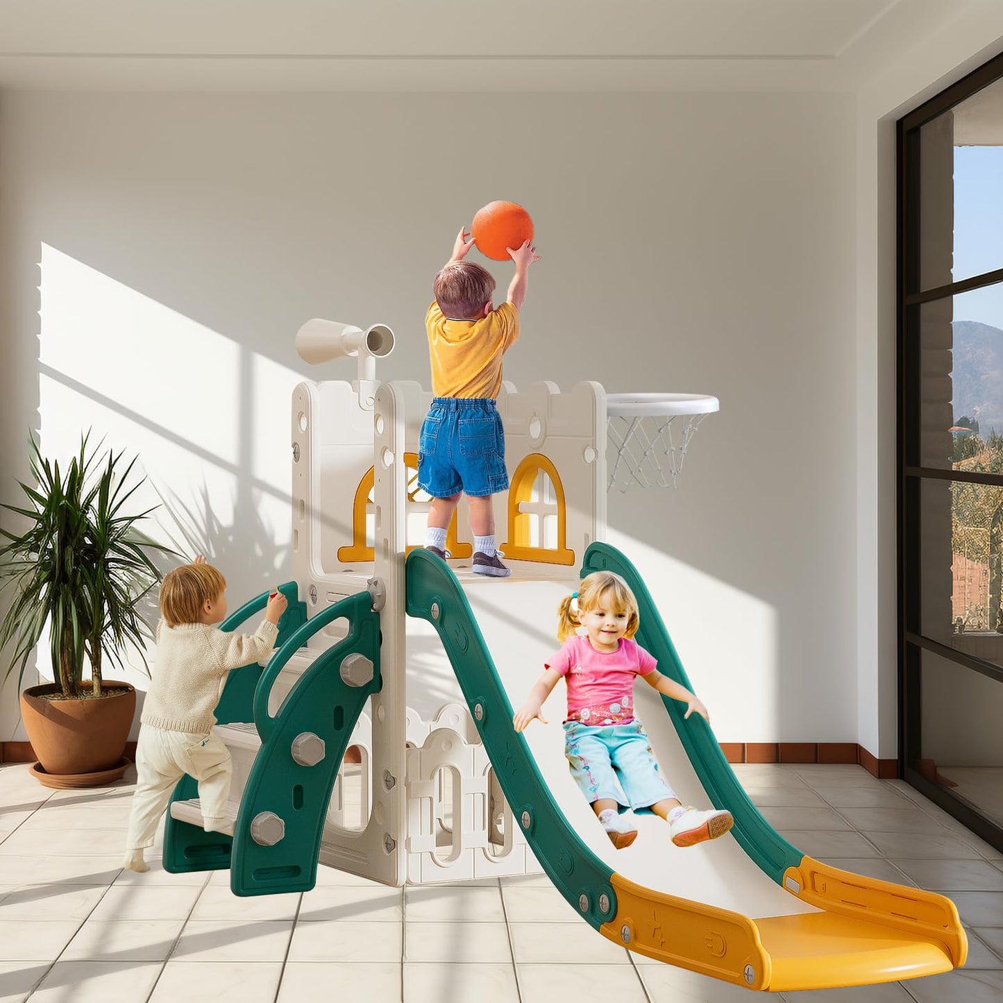 6 in 1 Toddler Slide for Toddler Age 1-3,Kids Climber Slider for Indoor Outdoor Playground with Basketball Hoop,Storage and Telescope,L Shaped Slide for Toddler Climber Playset