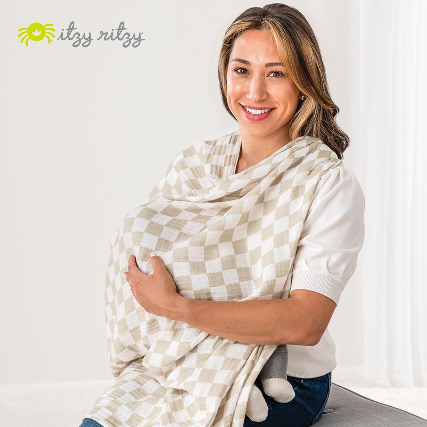Itzy Ritzy Breastfeeding Boss Multi-Use Cover – A Nursing Cover, Swaddle, Car Seat Cover, Tummy Time Mat & Burp Cloth All in One – Made of Soft Muslin Fabric & Measures 47” x 47” (Taupe Stripe)