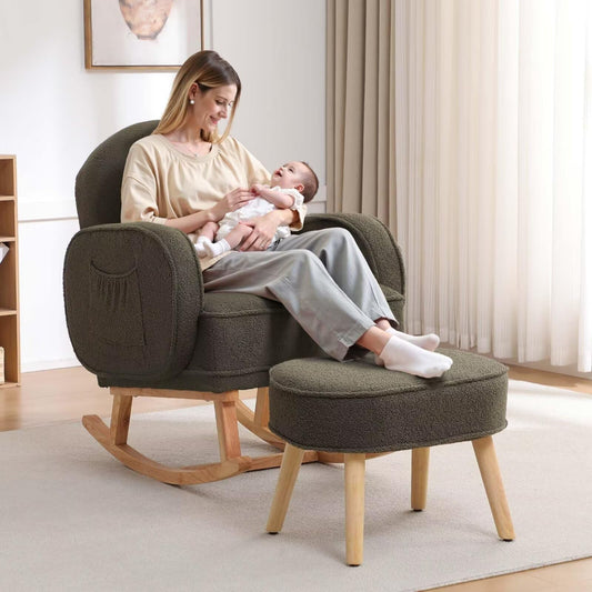 Rocking Chair with Ottoman, Upholstered Glider Rocker with High Backrest and Side Pocket, Rocking Accent Armchair with Solid Wood Legs for Nursery, Living Room, Bedroom Green