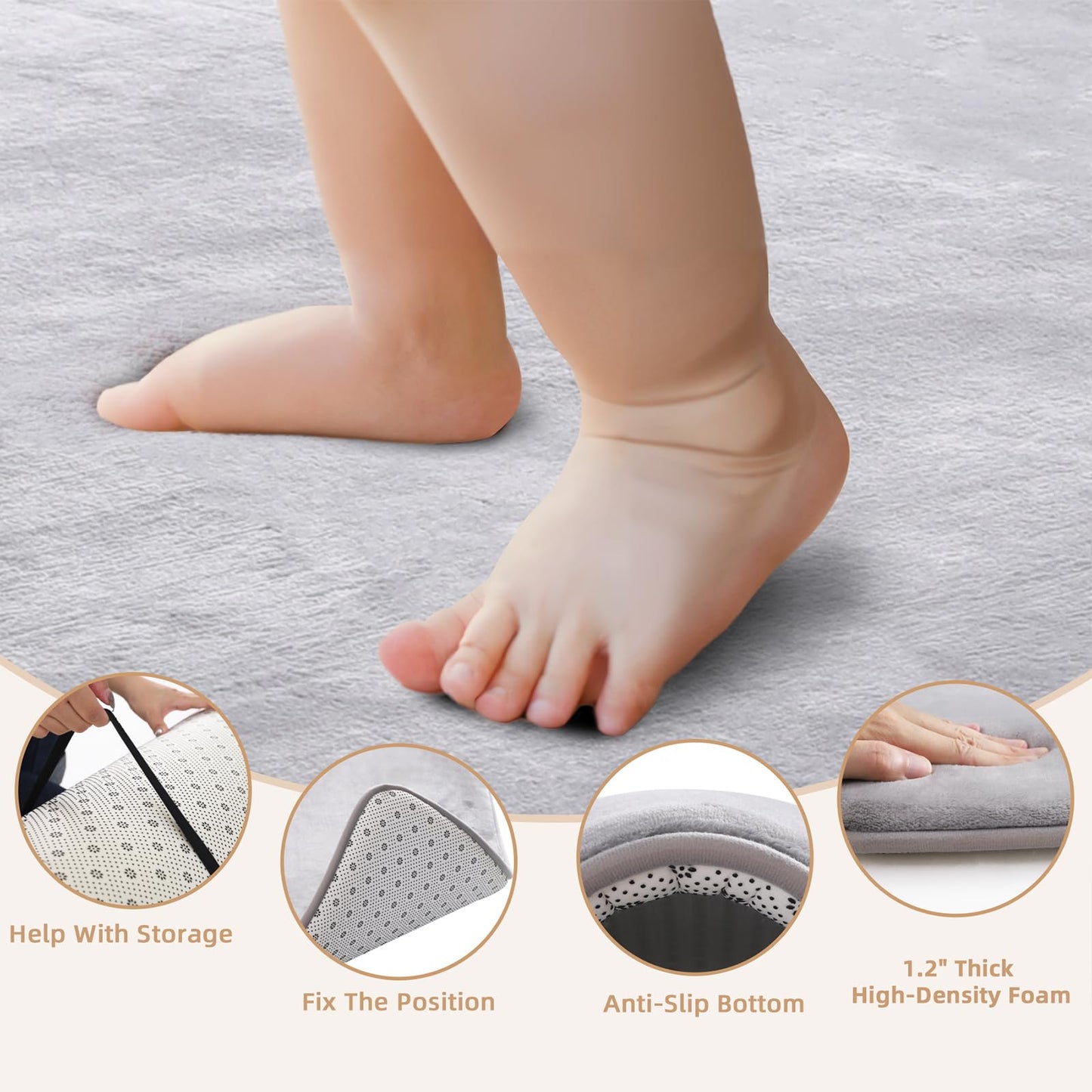 Thick Baby Play Mat for Floor,50 x 50 Playpen Mat,Tummy Time Foam Mat,Ultra Soft Support & Plush Feel,Easy Care with Non-Slip Cushioned for Infant,Kids and Toddler Crawling,Beige